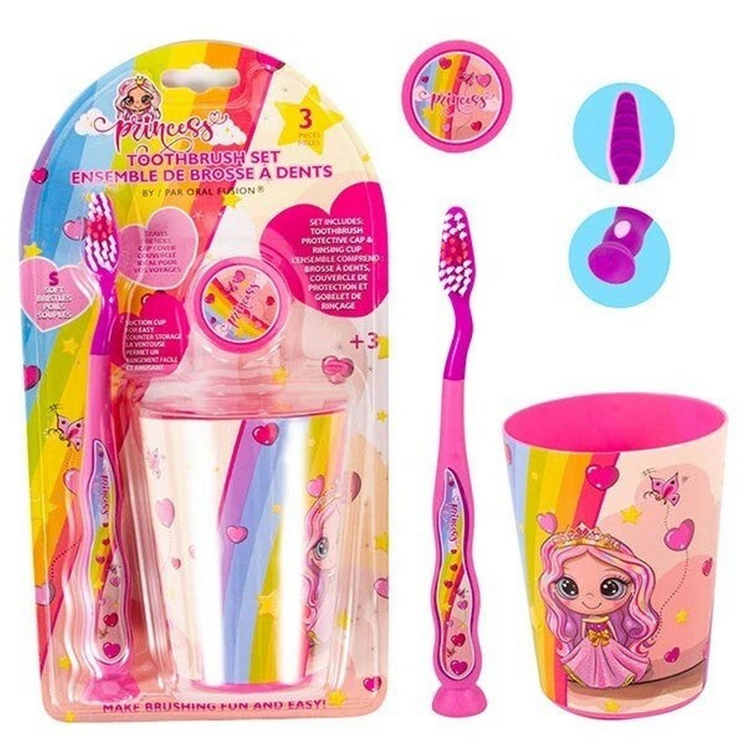 Oral Fusion Toothbrush Set with Cup 3pcs - Princess 6.6in brush, 3.25x2.5in cup 