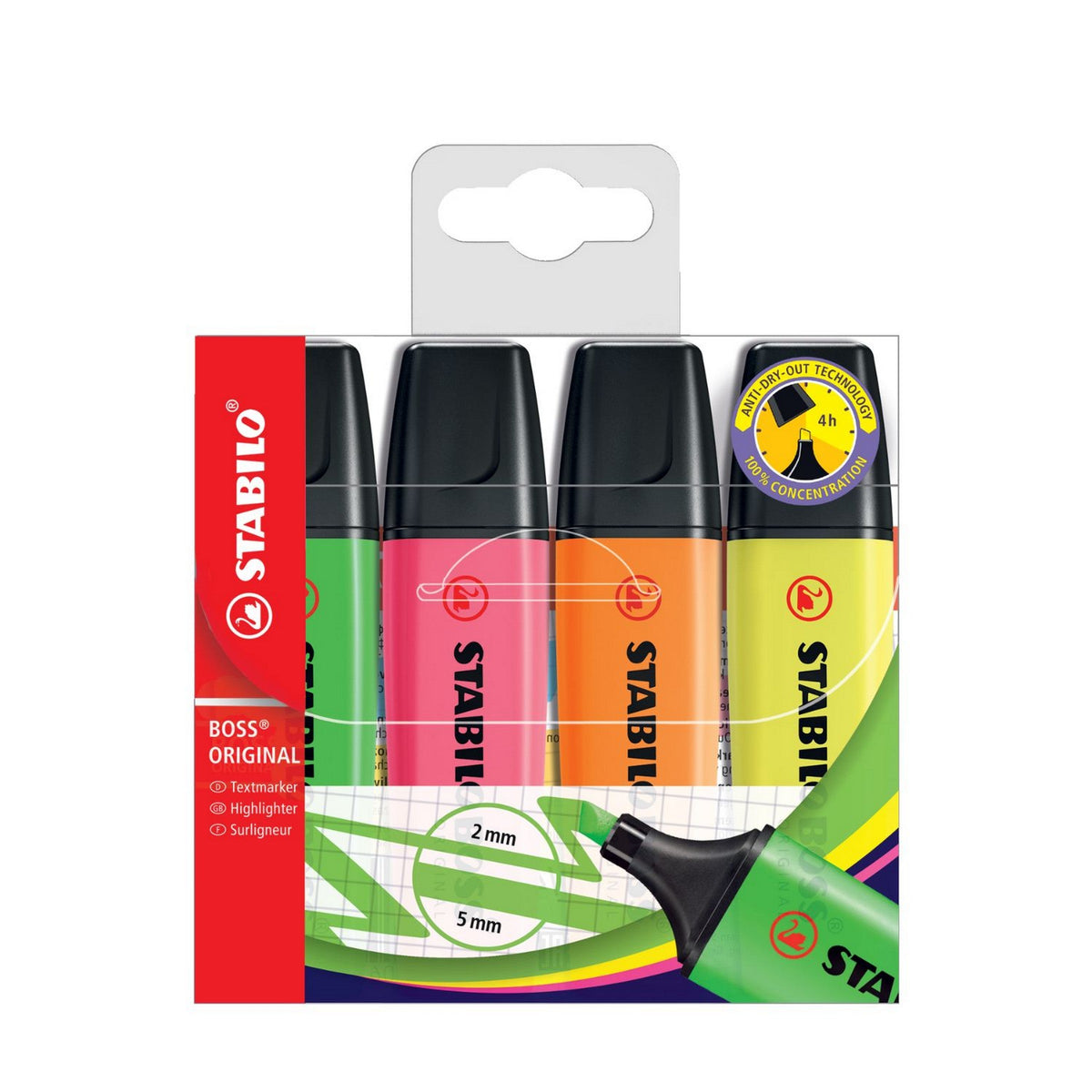 Stabilo Boss Original 4 Highlighters (Green-Red-Orange-Yellow) 4in