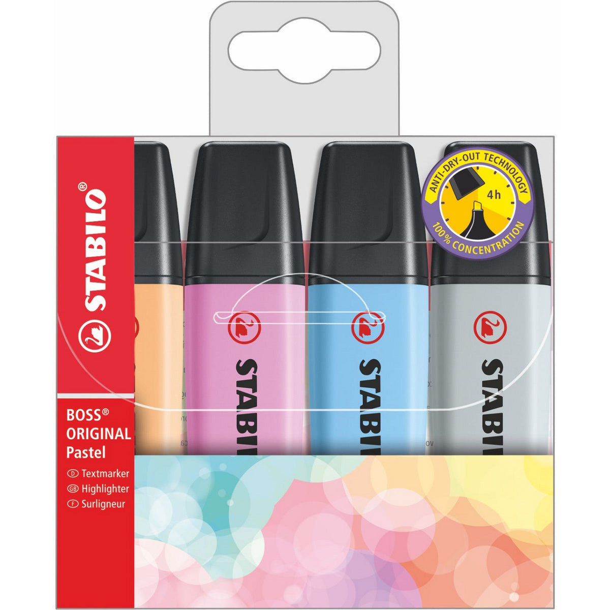 Stabilo Boss Original 4 Pastel Highlighters Set #3 (Orange-Blue-Fuchsia-Grey) 4in