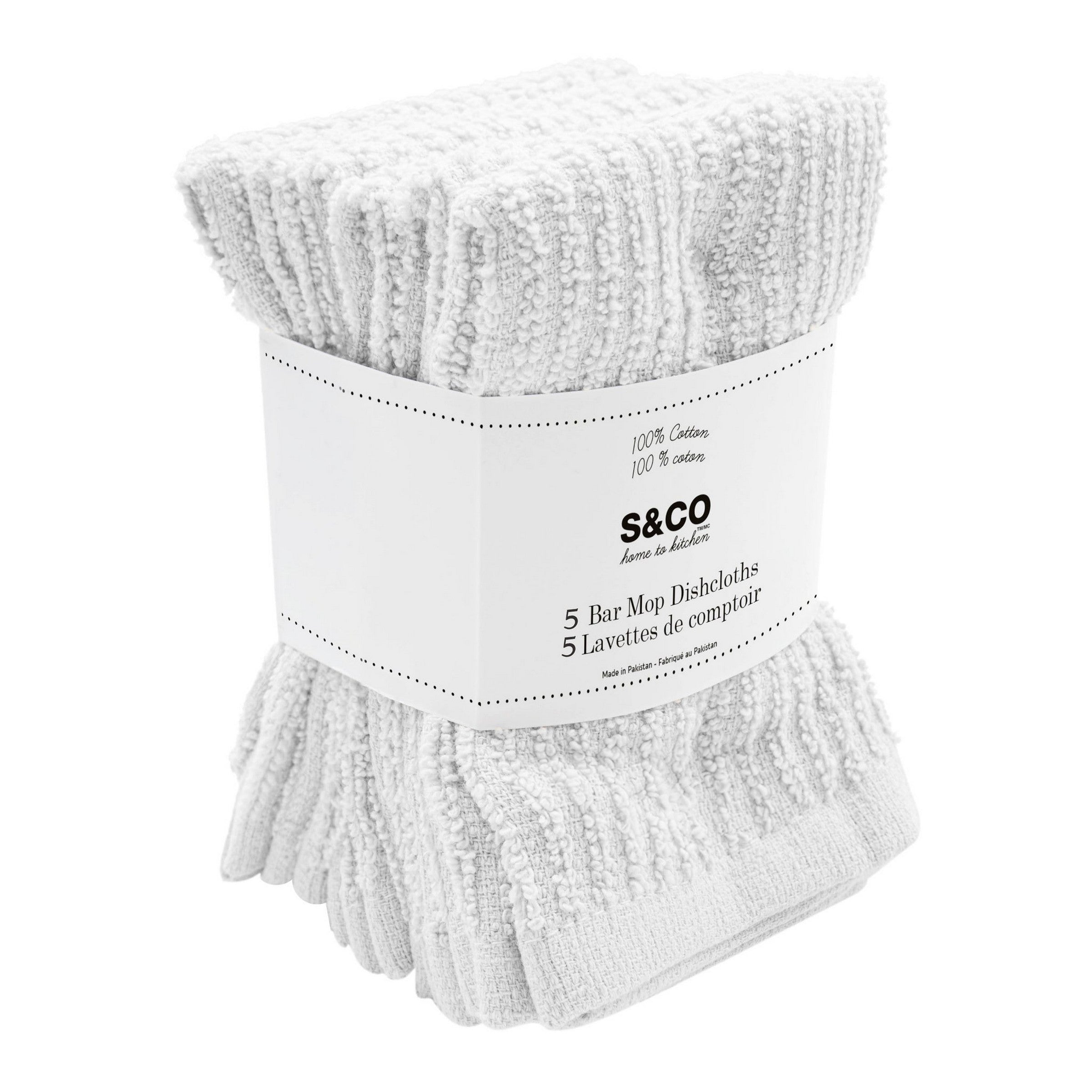 5 Woven Bar Mop Dishcloths 100% Cotton - White 12x12in