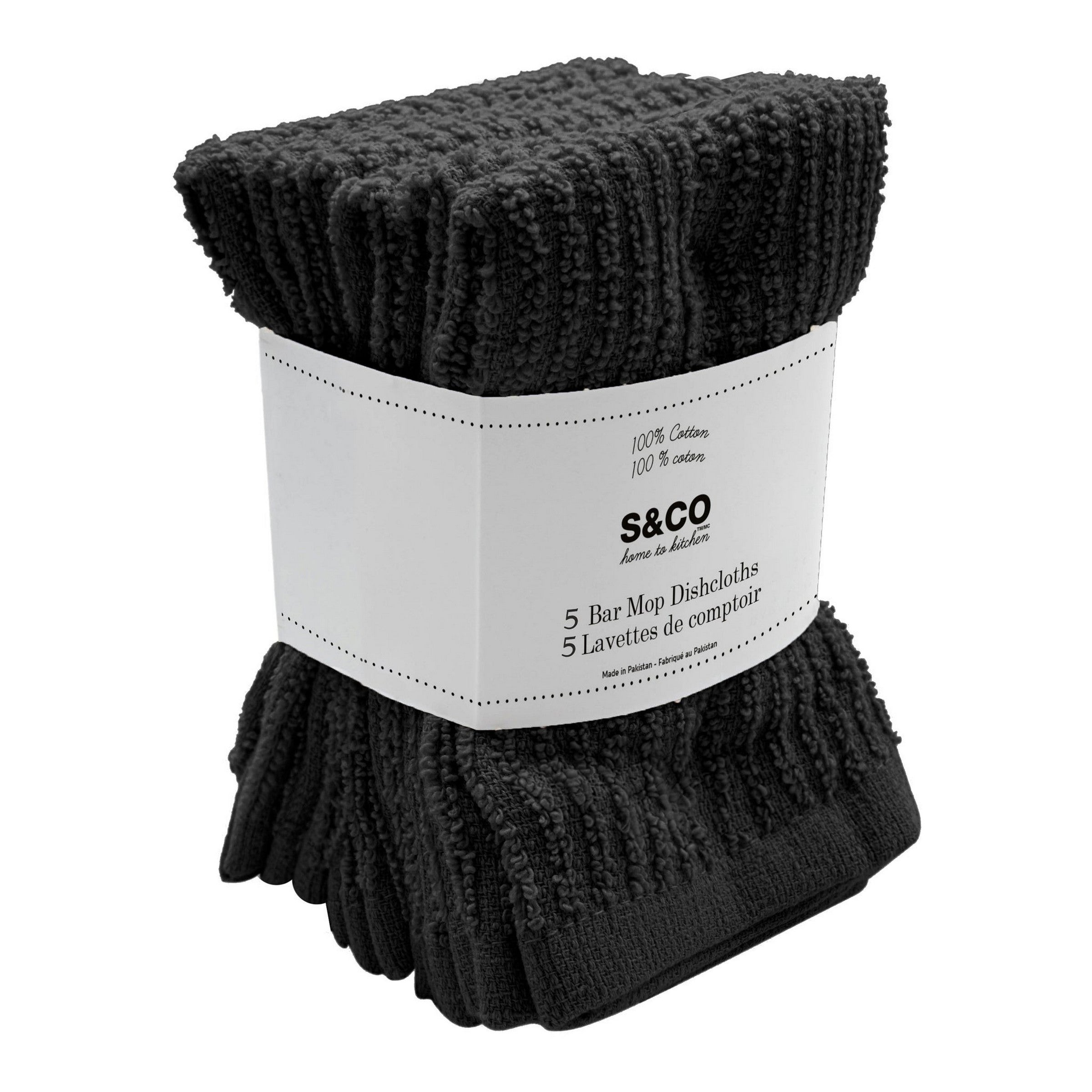 5 Woven Bar Mop Dishcloths 100% Cotton - Black 12x12in