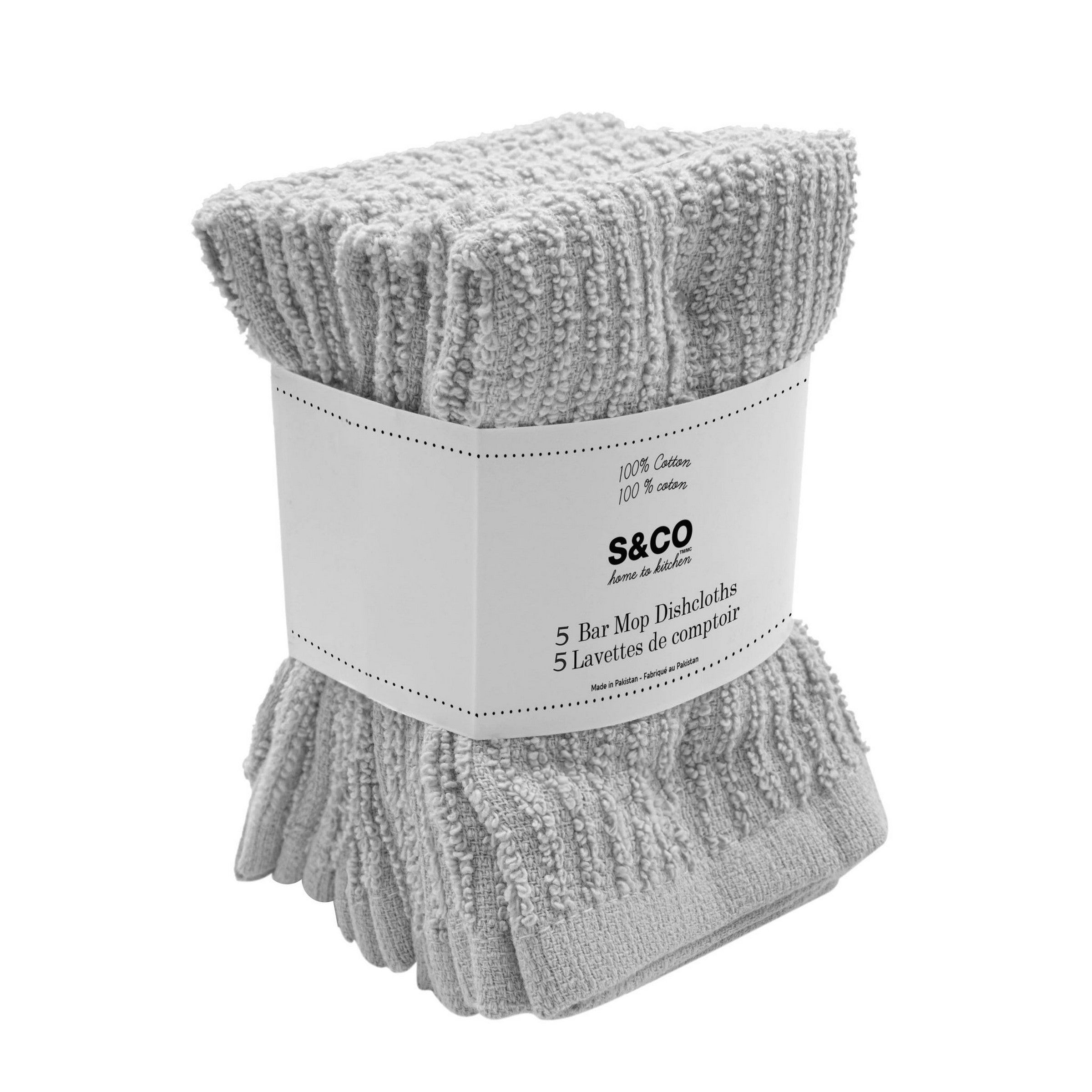 5 Woven Bar Mop Dishcloths 100% Cotton - Grey 12x12in