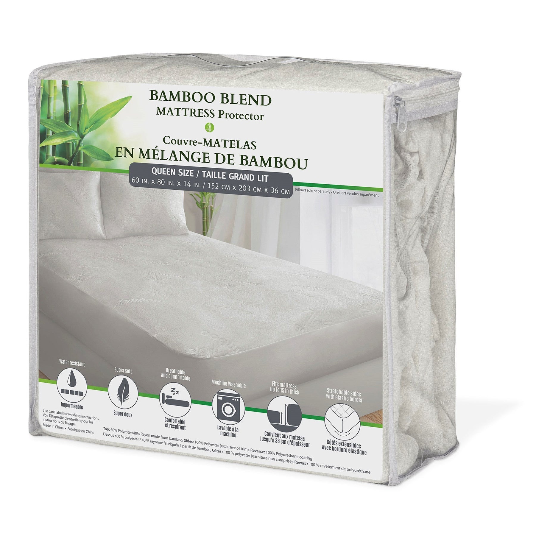 Queen Mattress Protector - White Bamboo Blend 60x80x14in 