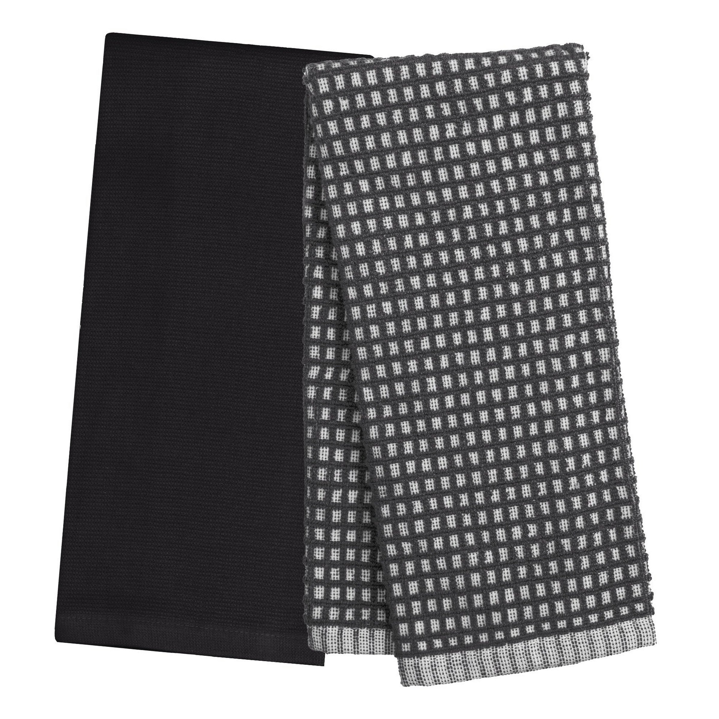 2 Woven Terry Kitchen Towels 100% Cotton - Black 16x24in