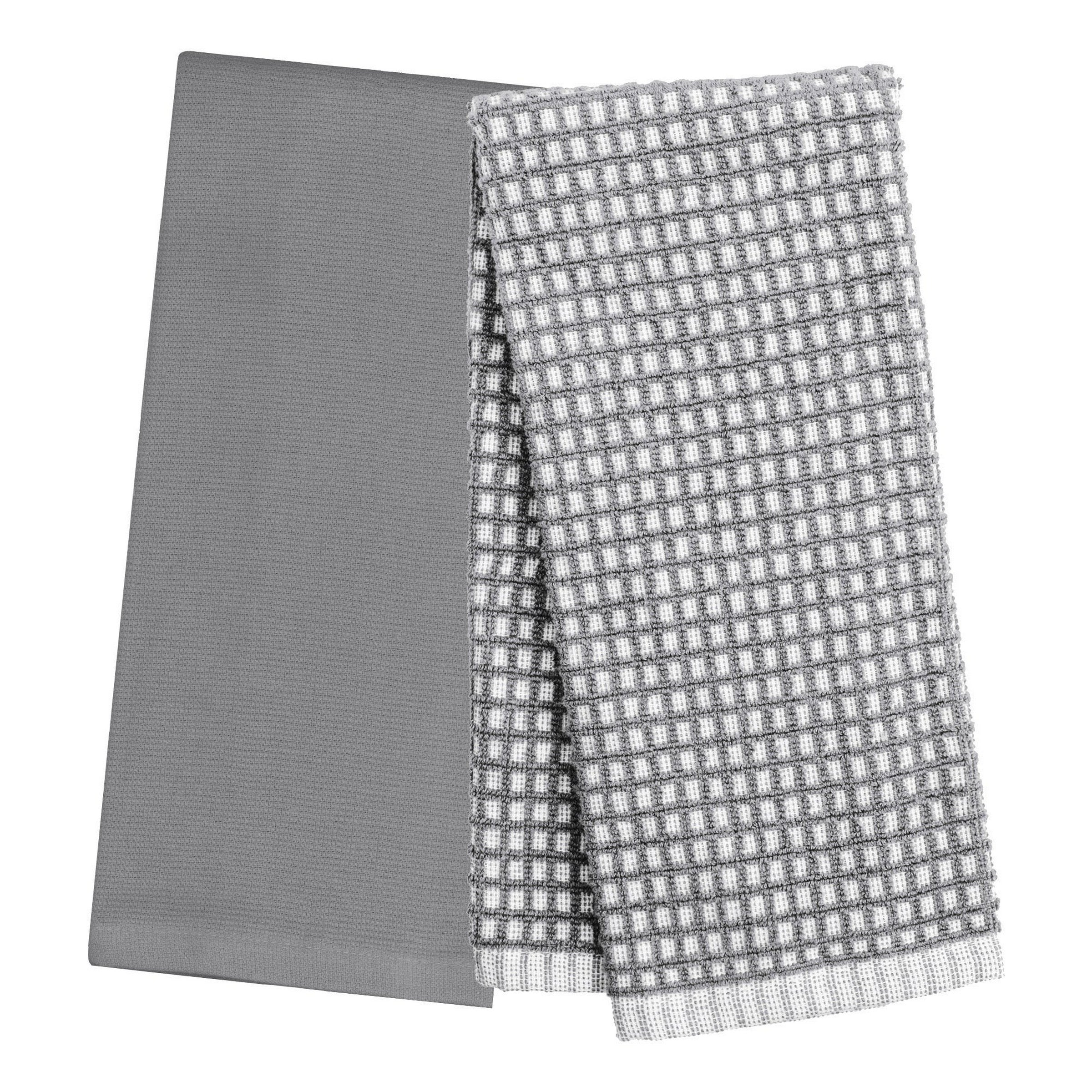 2 Woven Terry Kitchen Towels 100% Cotton - Grey 16x24in