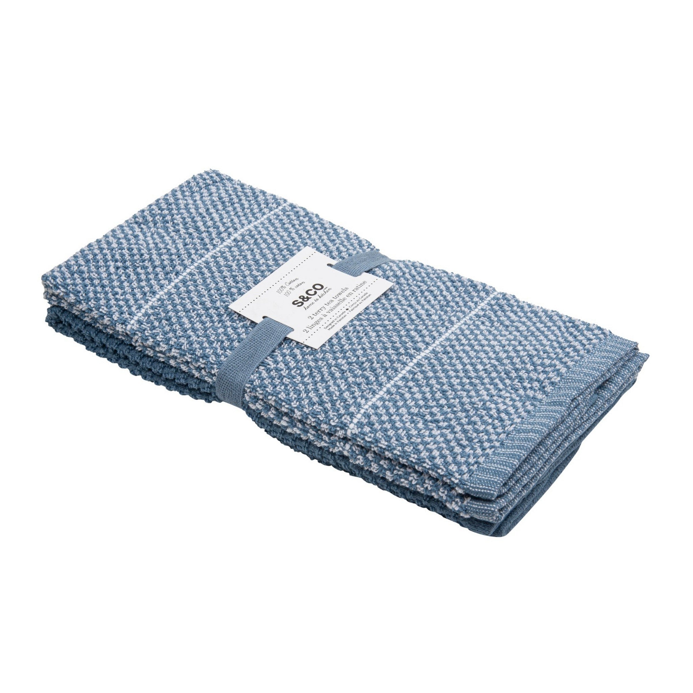 2 Woven Terry Kitchen Towels 100% Cotton - Denim 16x24in
