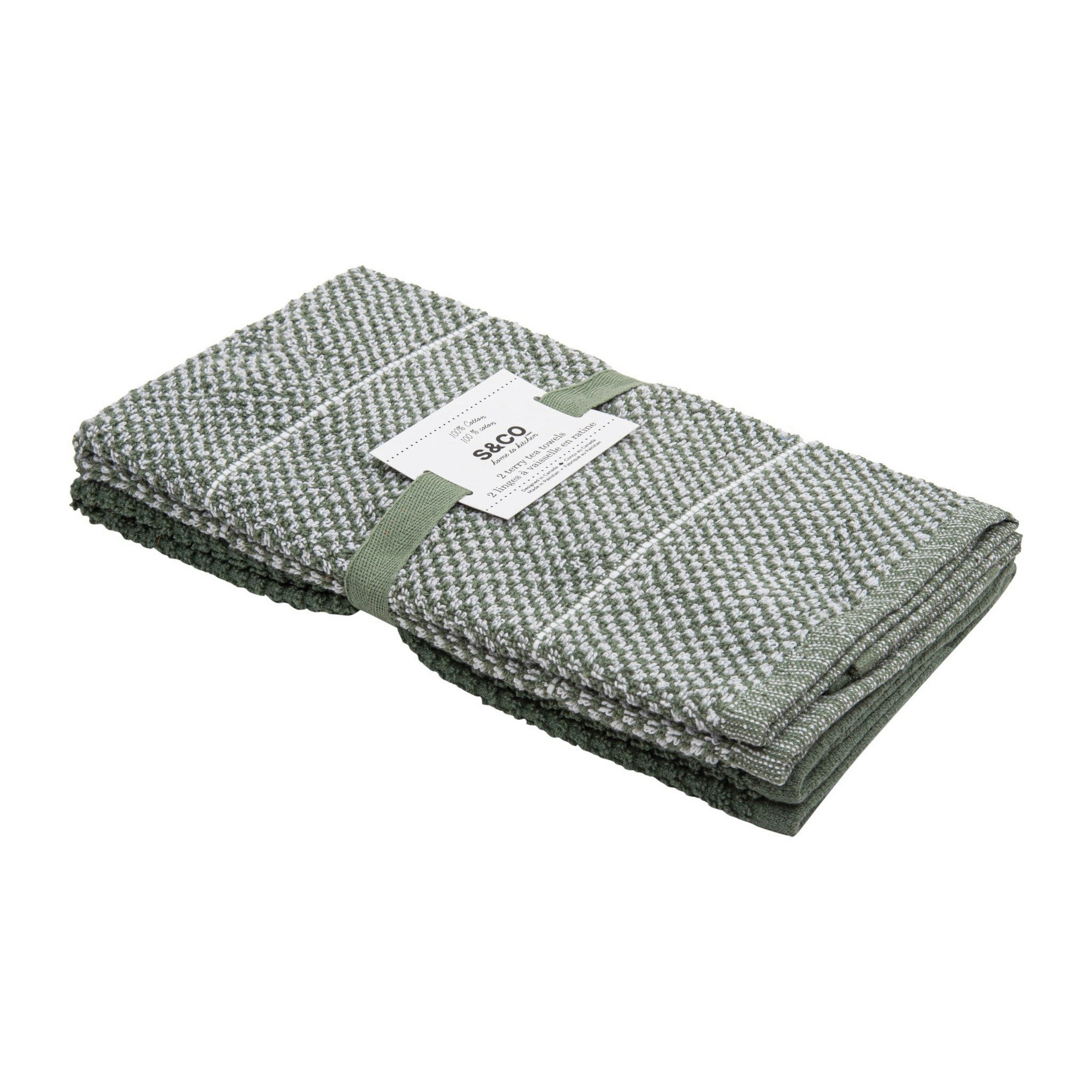 2 Woven Terry Kitchen Towels 100% Cotton - Sage 16x24in