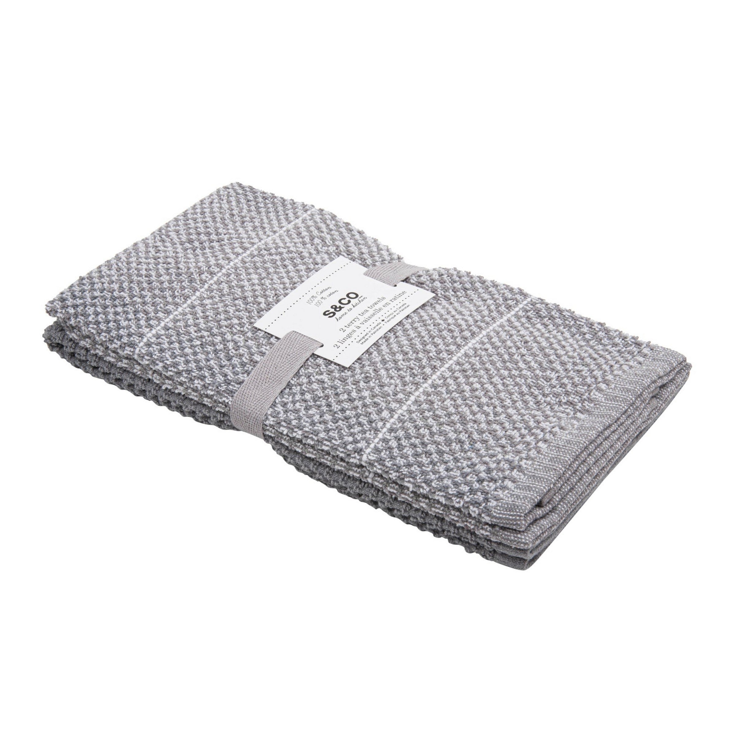 2 Woven Terry Kitchen Towels 100% Cotton - Grey 16x24in