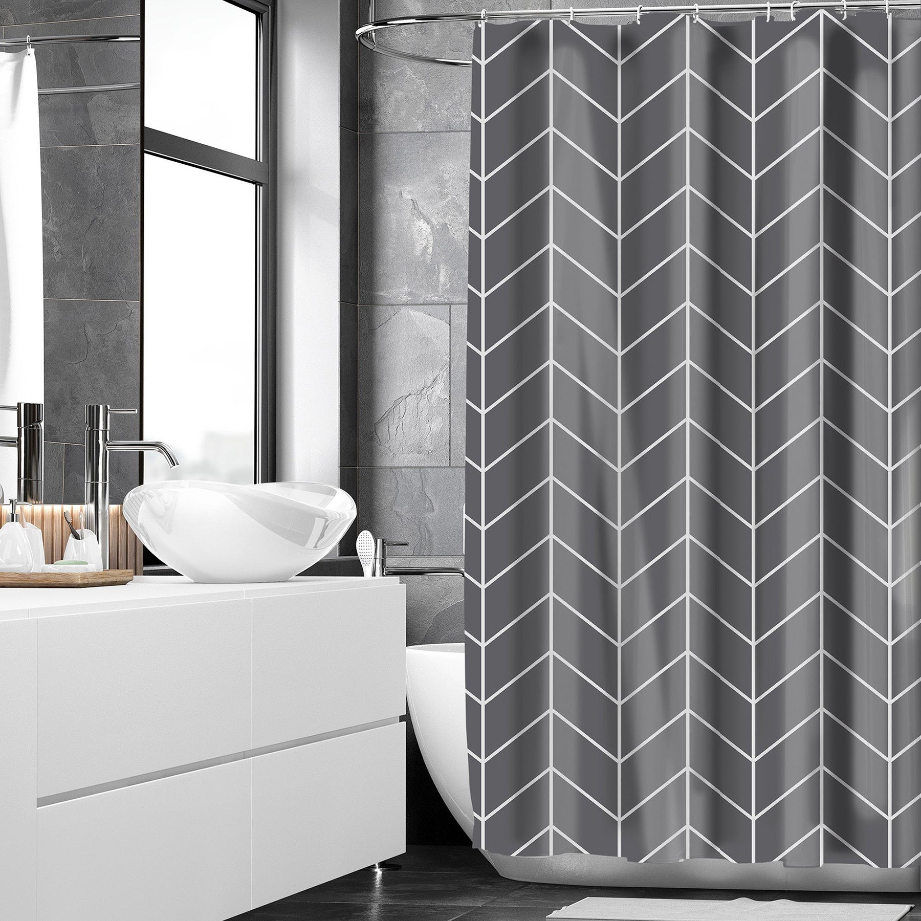 Woven Textured Waffle Printed Shower Curtain 100% Polyester - Grey Chevrons 70x72in