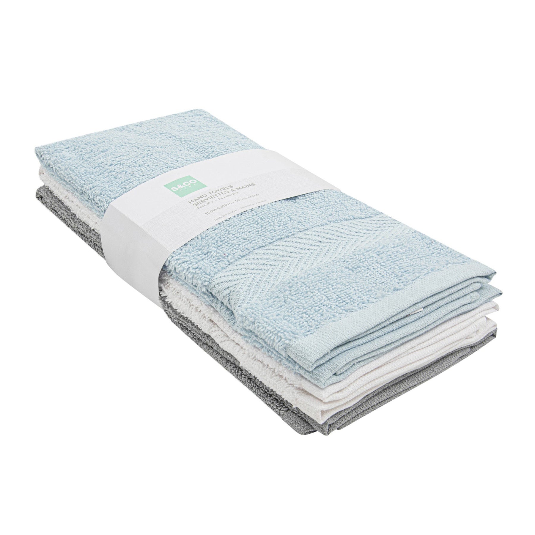 3 Woven Hand Towels 100% Cotton - Skyride, White and Alloy 16x26in