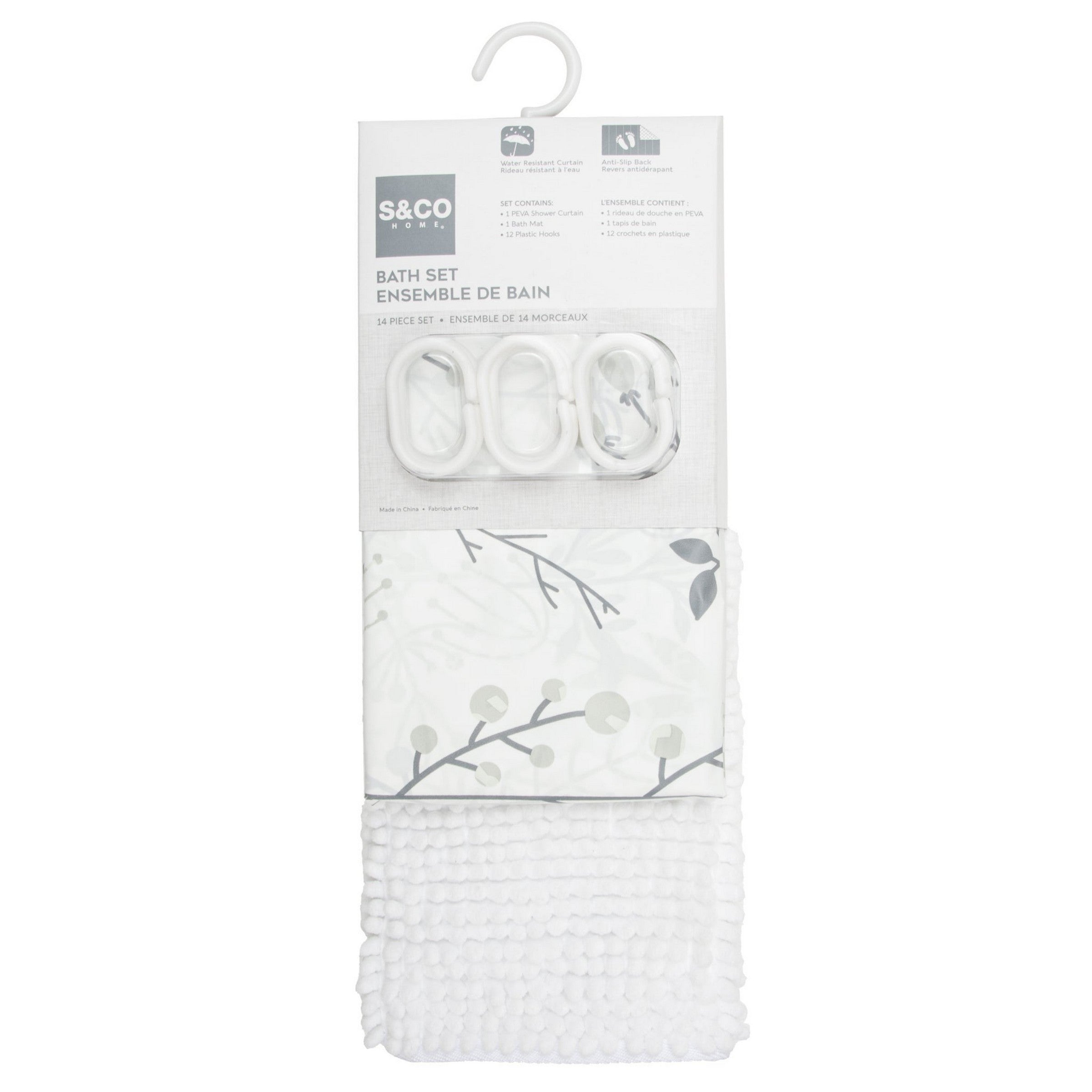 PVC Shower Curtain Bath Set 14pcs - White 71x71in