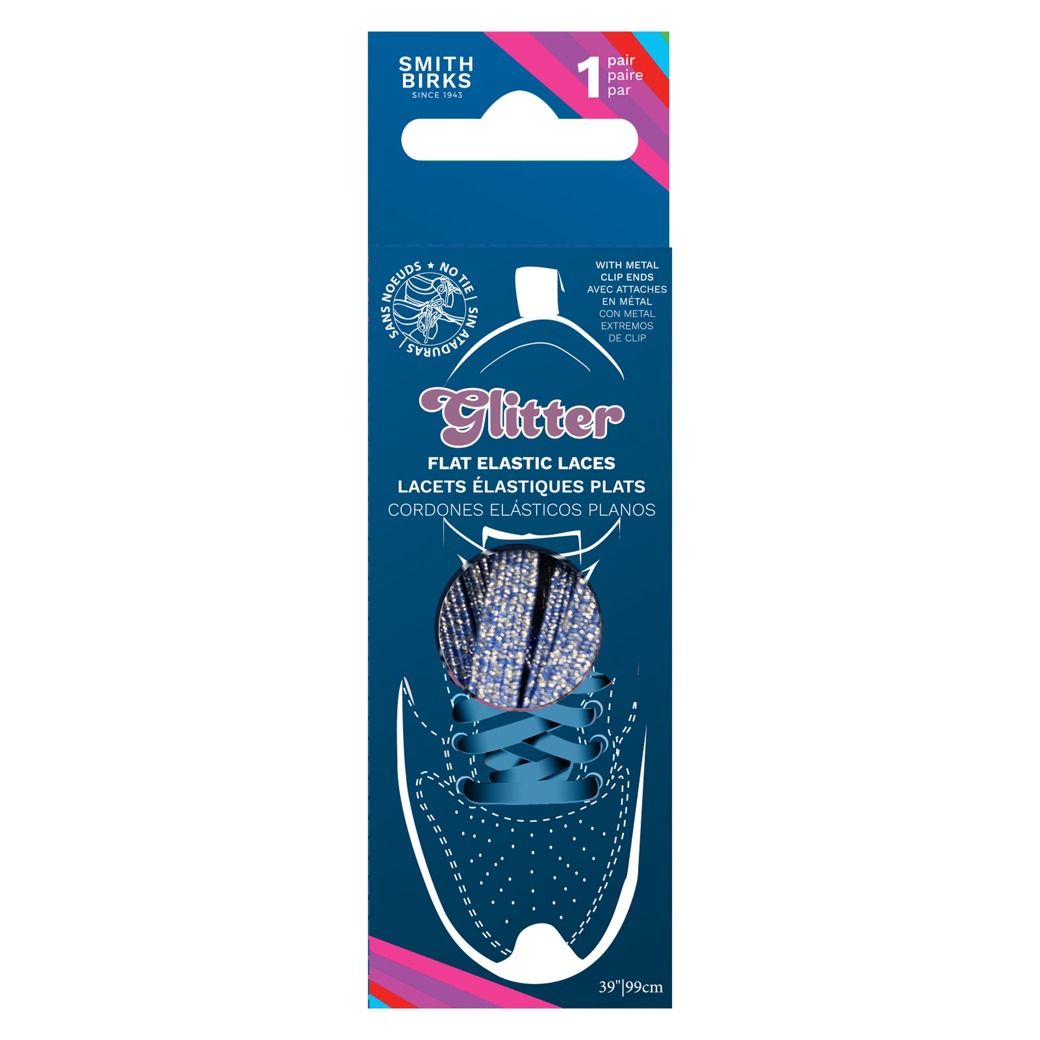 Smith Birks 1 Pair Flat Elastic Laces - Glitter Blue 39in