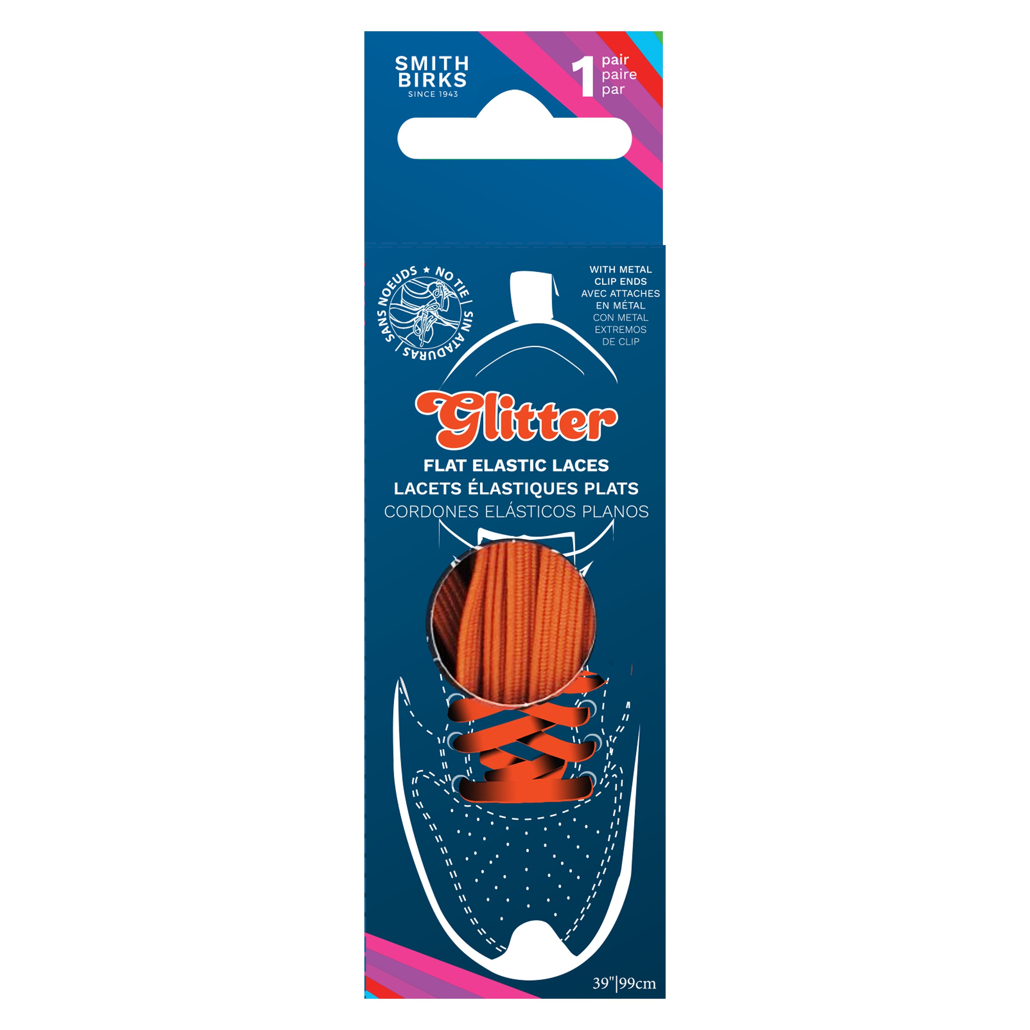 Smith Birks 1 Pair Flat Elastic Laces - Glitter Orange 39in
