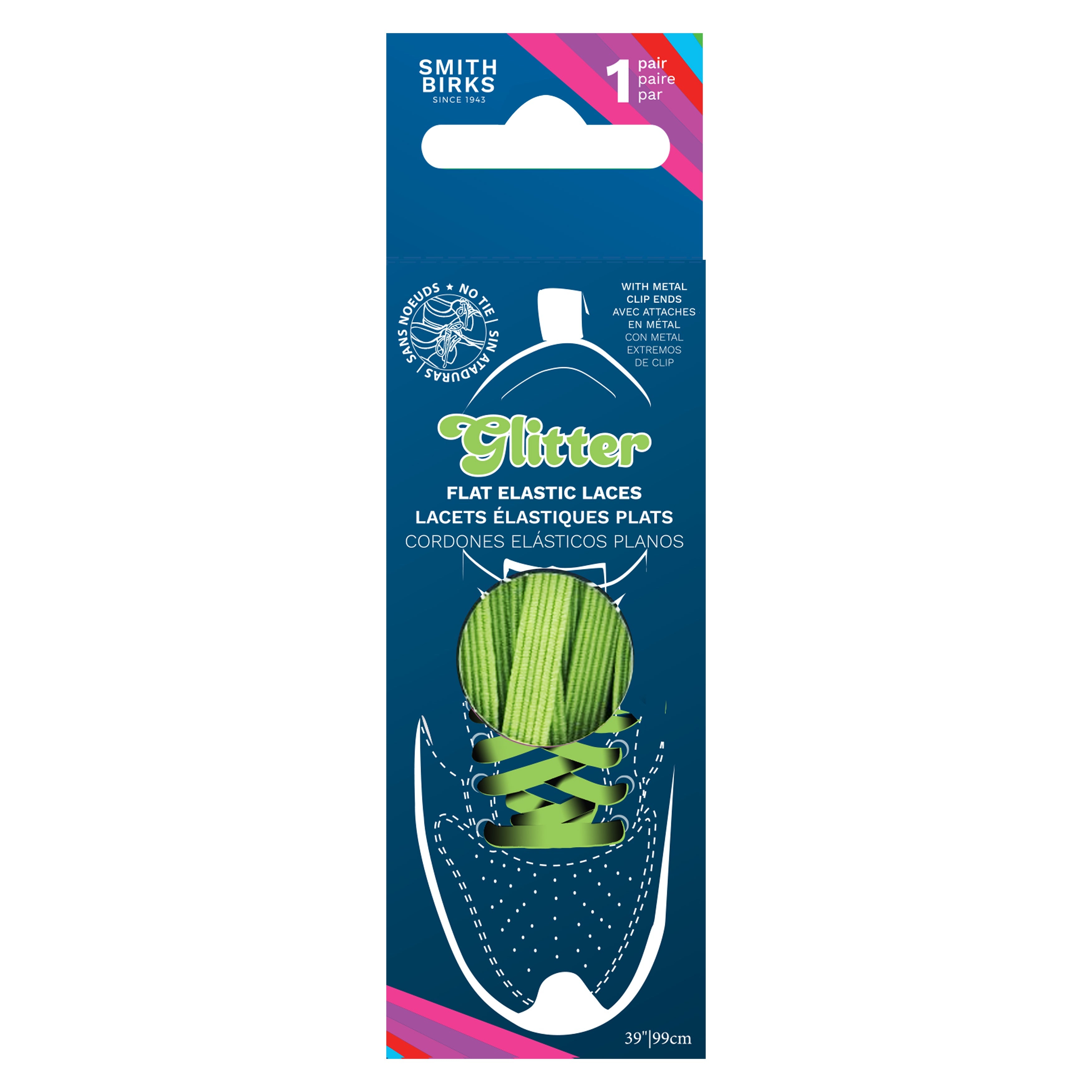Smith Birks 1 Pair Flat Elastic Laces - Glitter Green 39in