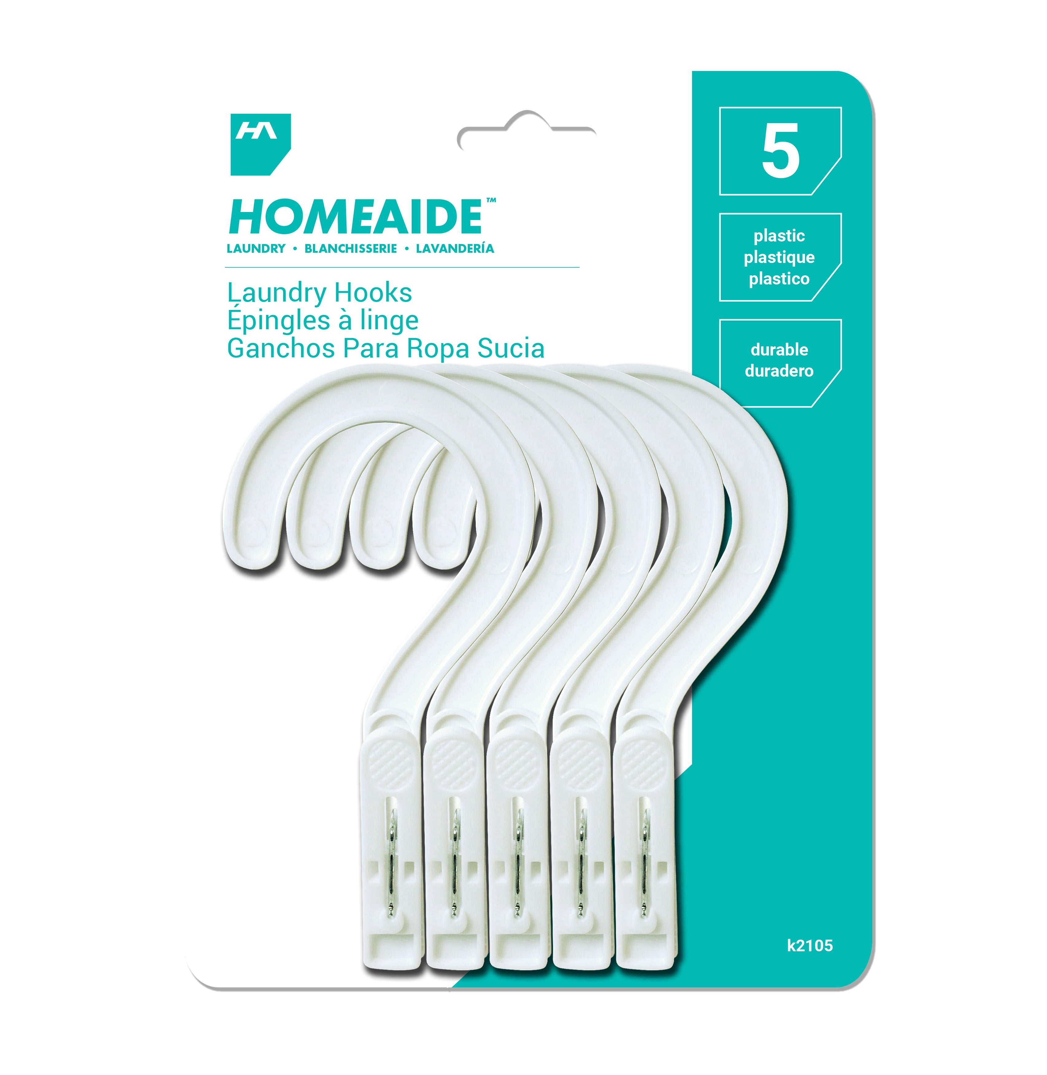 Homeaide Laundry 5 White Plastic Hooks 5.25in