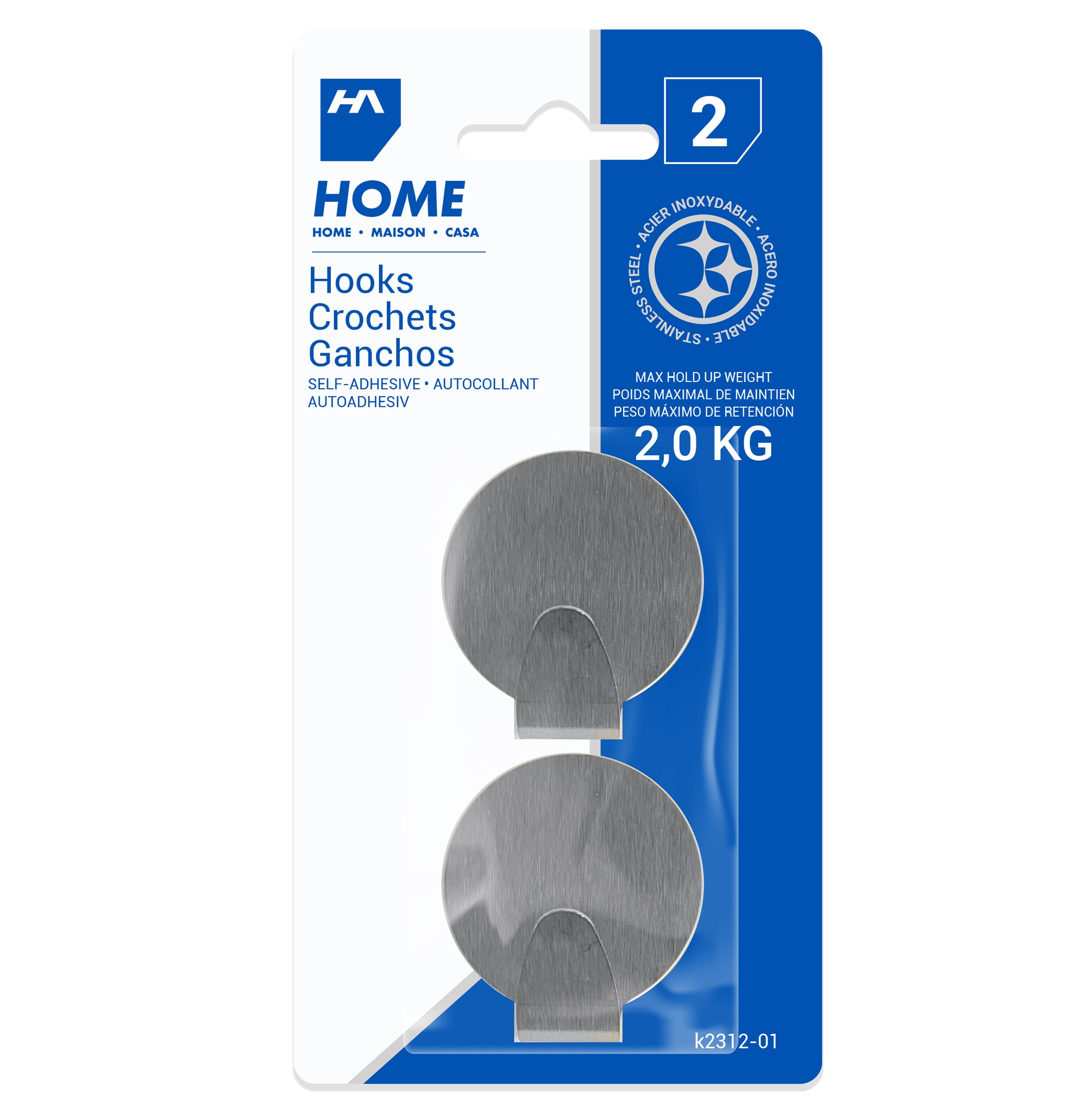 Homeaide 2 Self-adhesive Round Metal Hooks 2x1.8in 