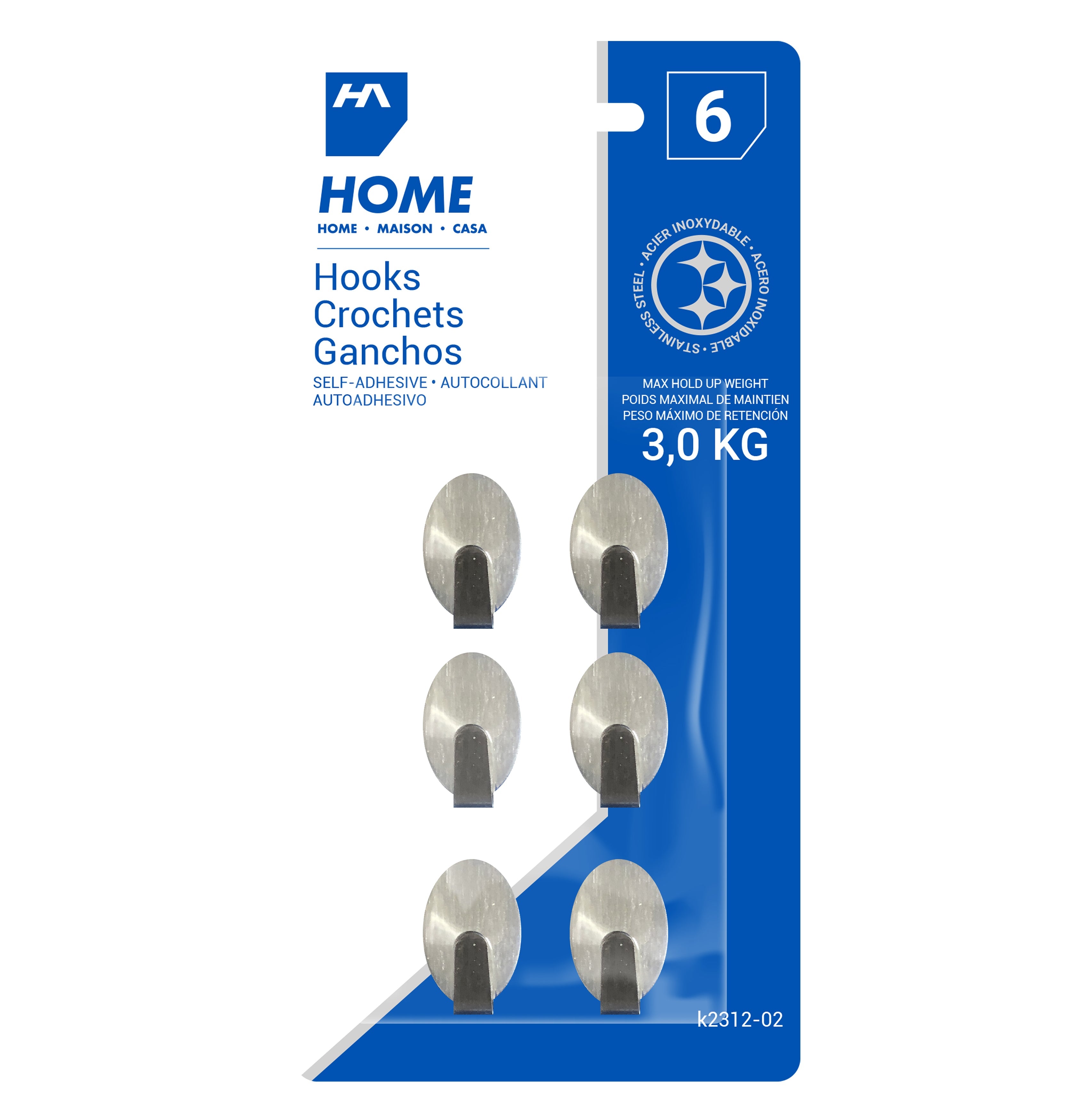 Homeaide 6 Self-adhesive Oval Metal Hooks 1x0.6in 