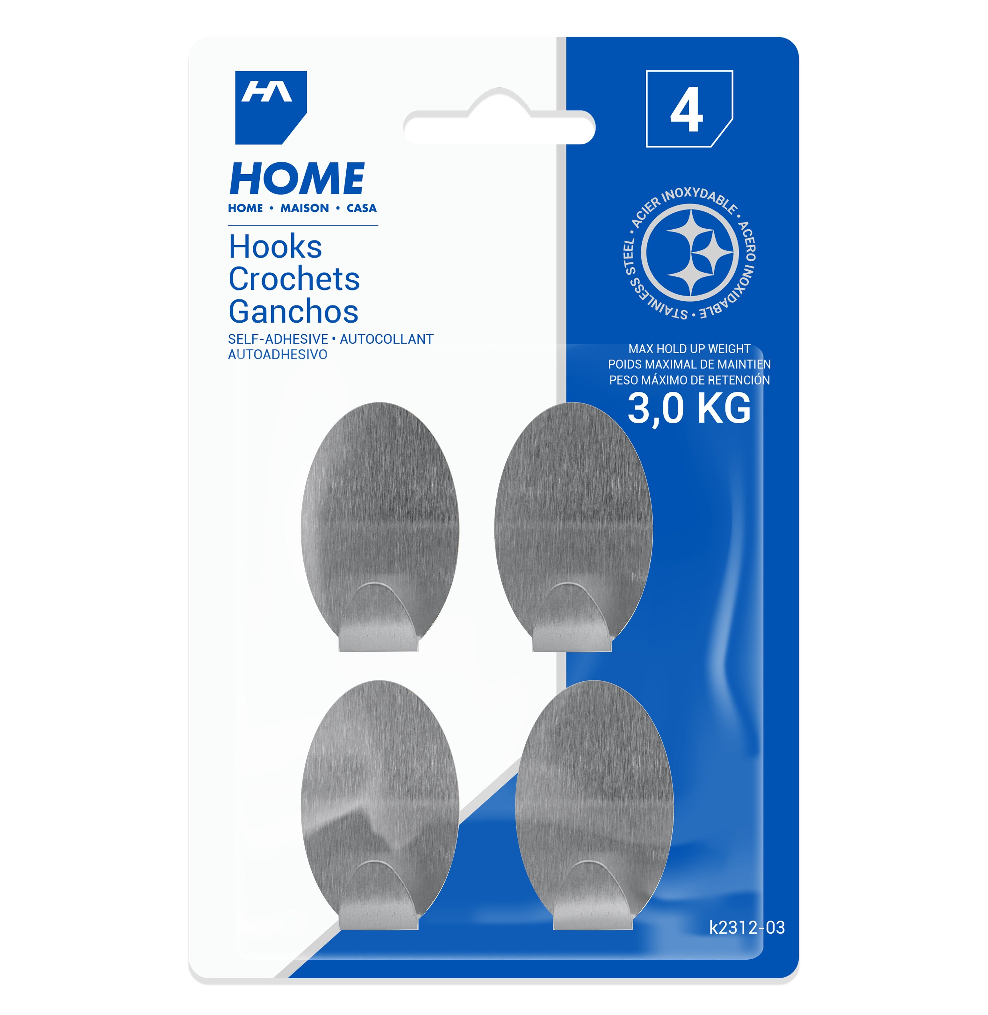 Homeaide 4 Self-adhesive Oval Metal Hooks 2x1.25in 
