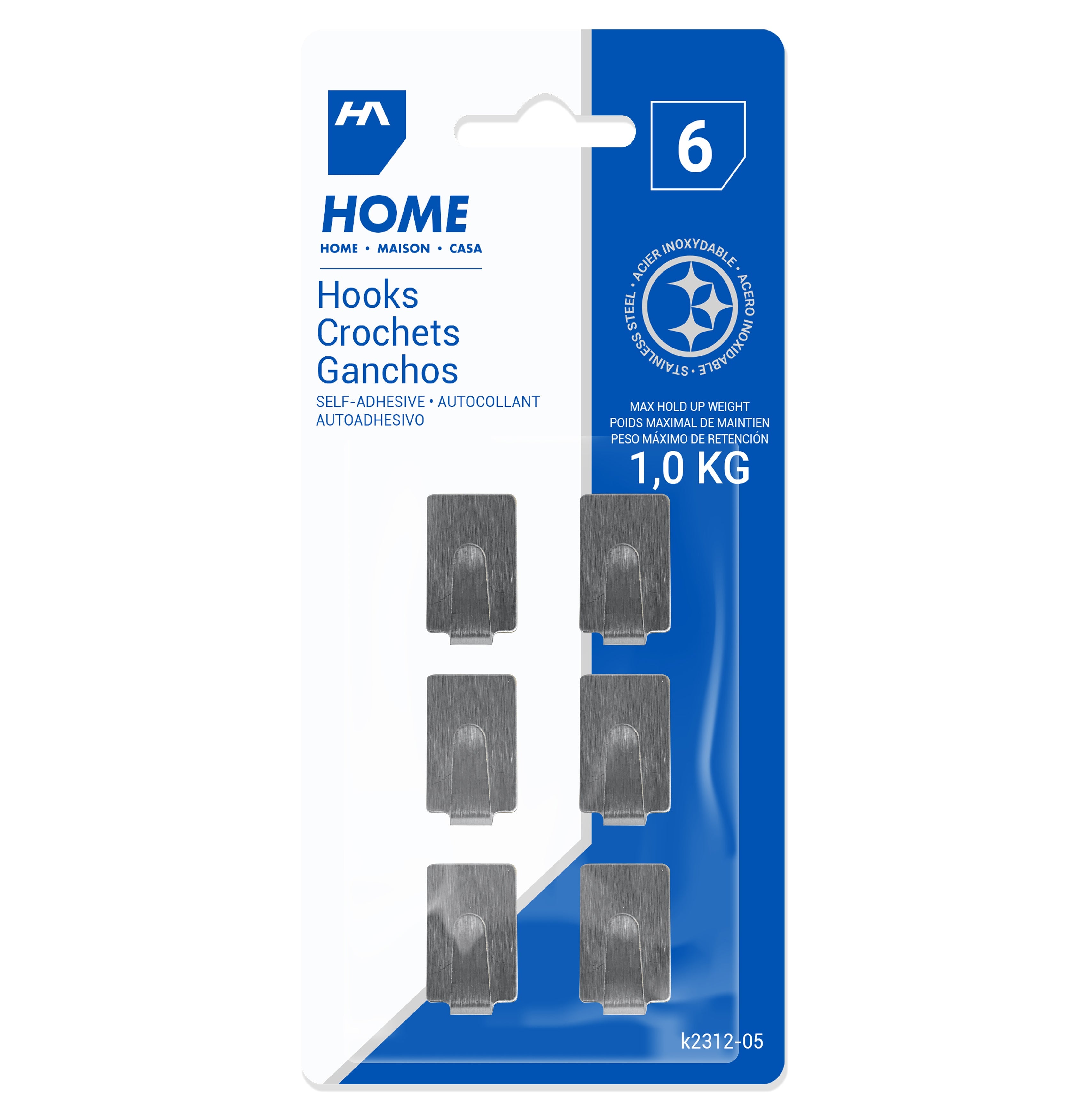 Homeaide 6 Self-adhesive Square Metal Hooks 1x0.6in 