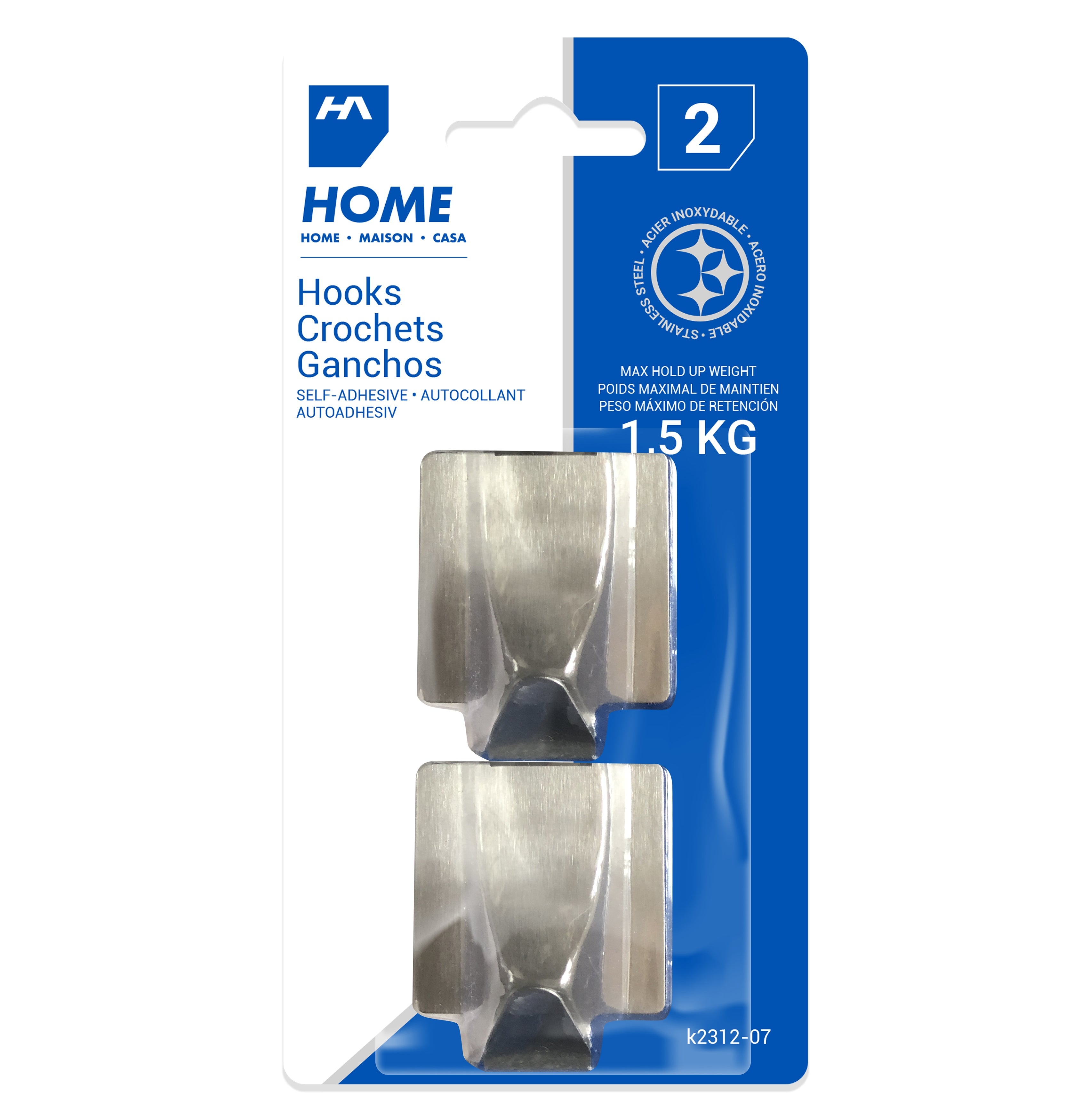 Homeaide 2 Self-adhesive Square Metal Hooks 2.25x1.8in 