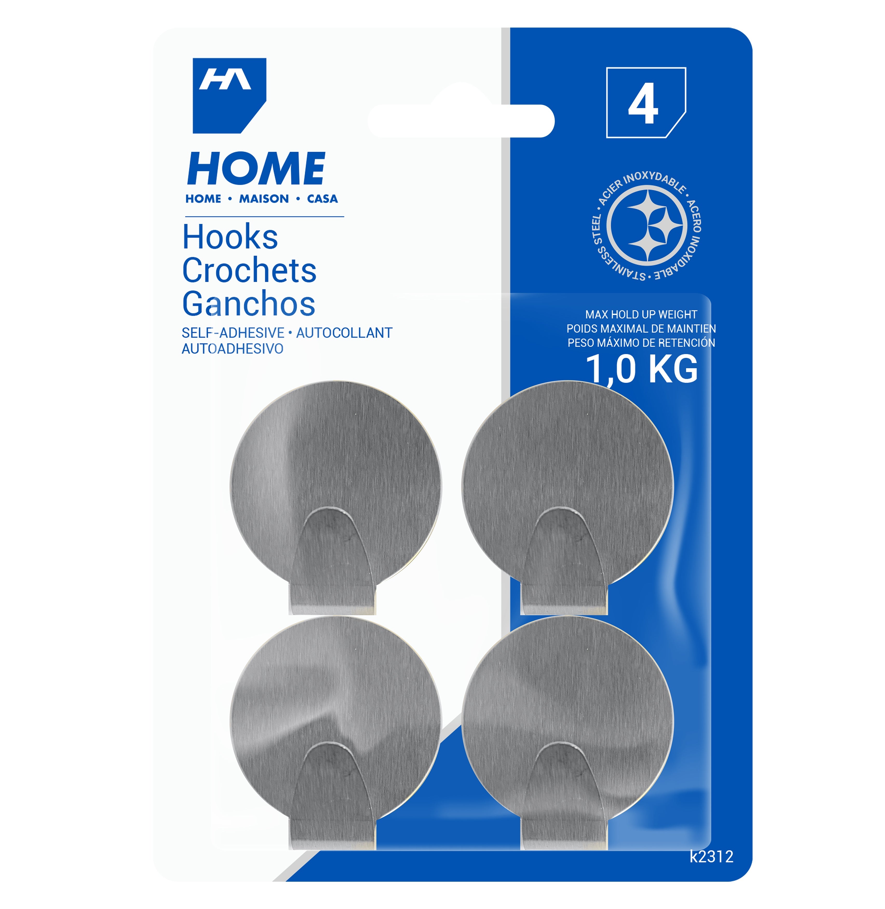 Homeaide 4 Self-adhesive Round Metal Hooks 1.5x1.3in