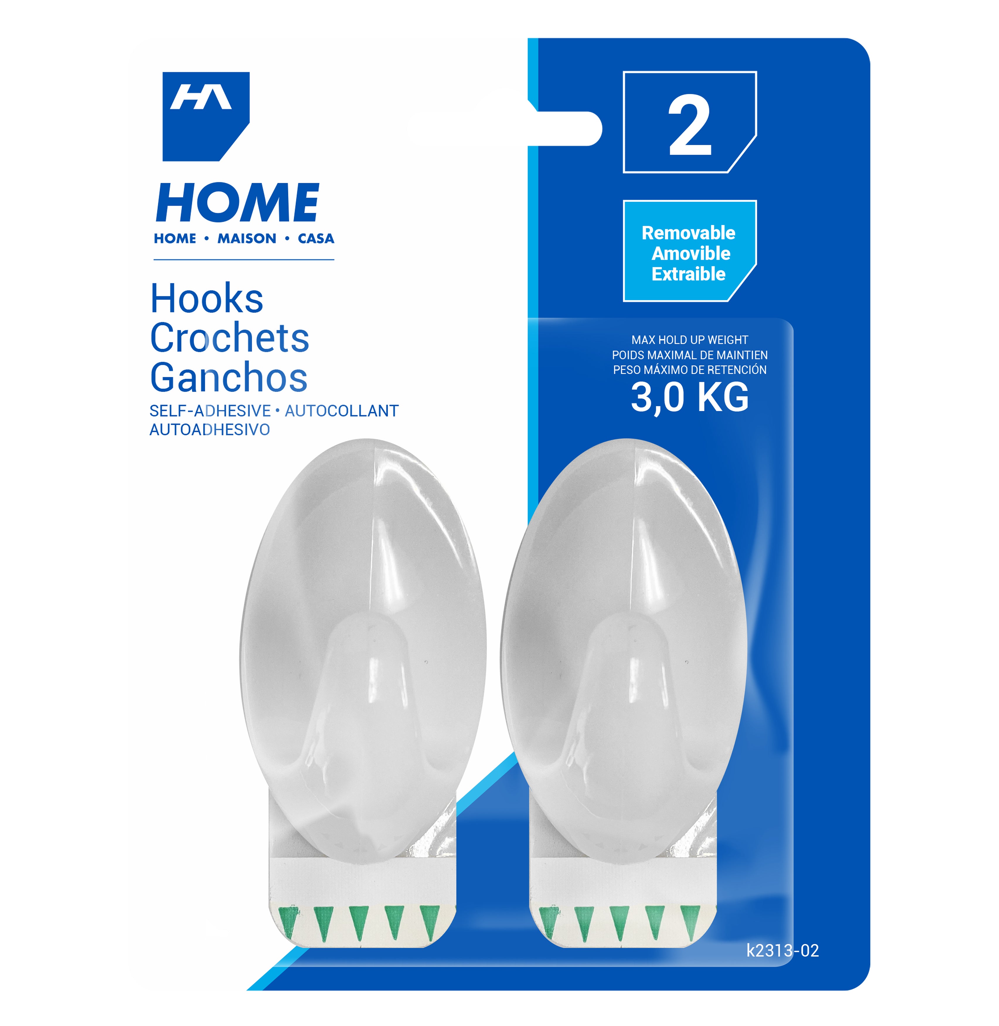 Homeaide 2 Self-adhesive and Removable White Plastic Hooks 2.25x1.5in