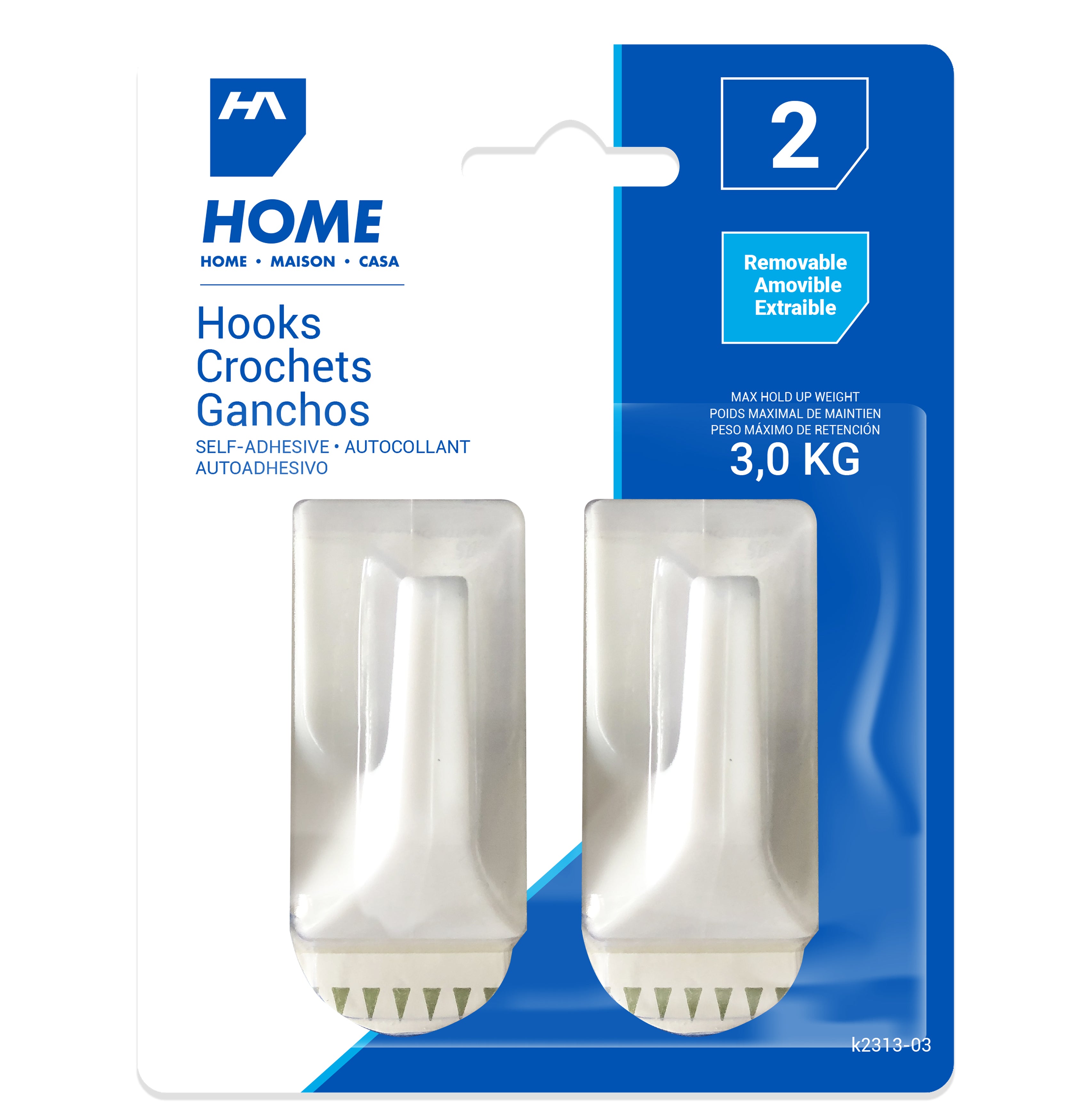 Homeaide 2 Self-adhesive and Removable White Plastic Hooks 2.8x1.5in 