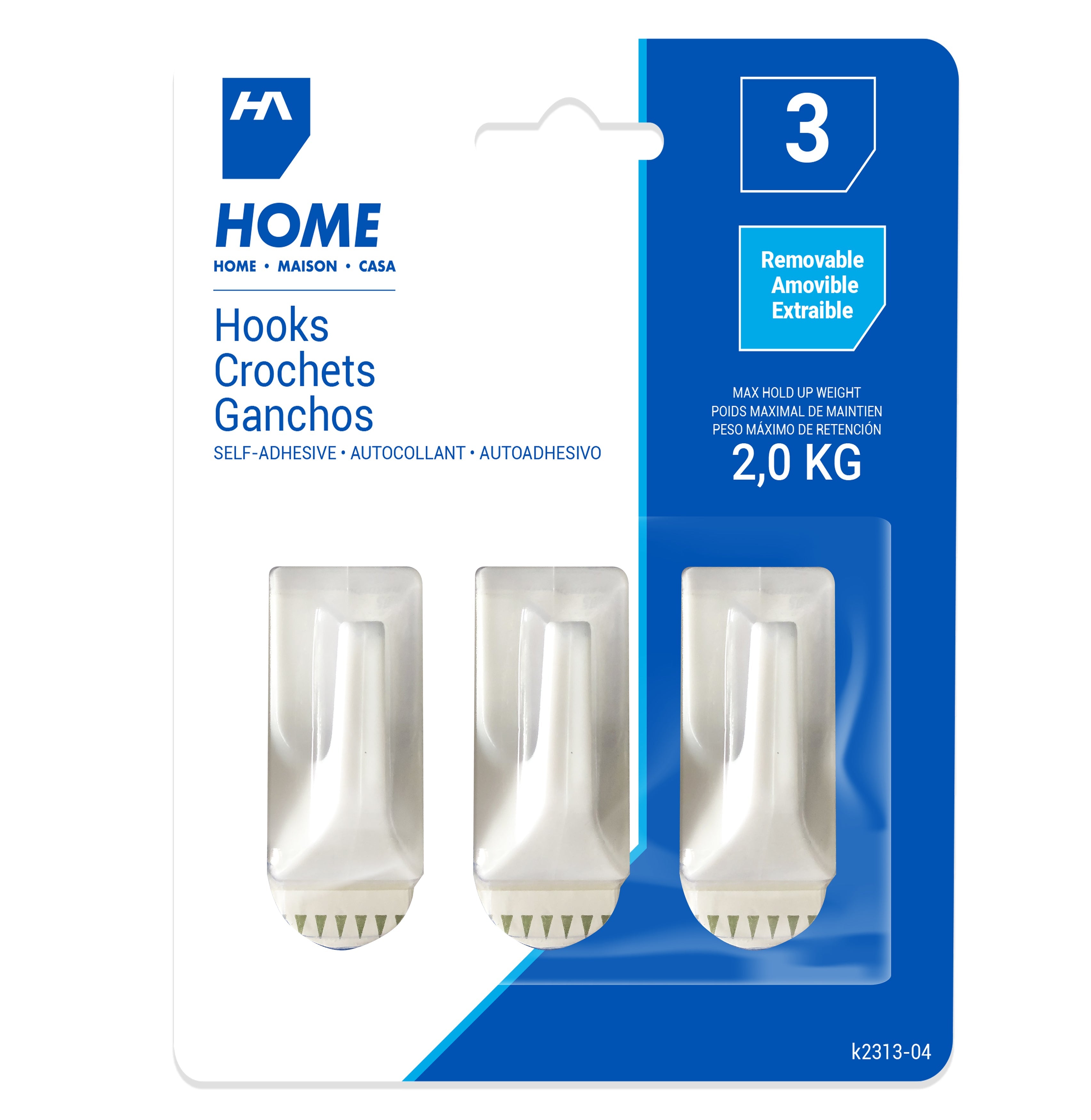 Homeaide 3 Self-adhesive and Removable White Plastic Hooks 2x1.25in