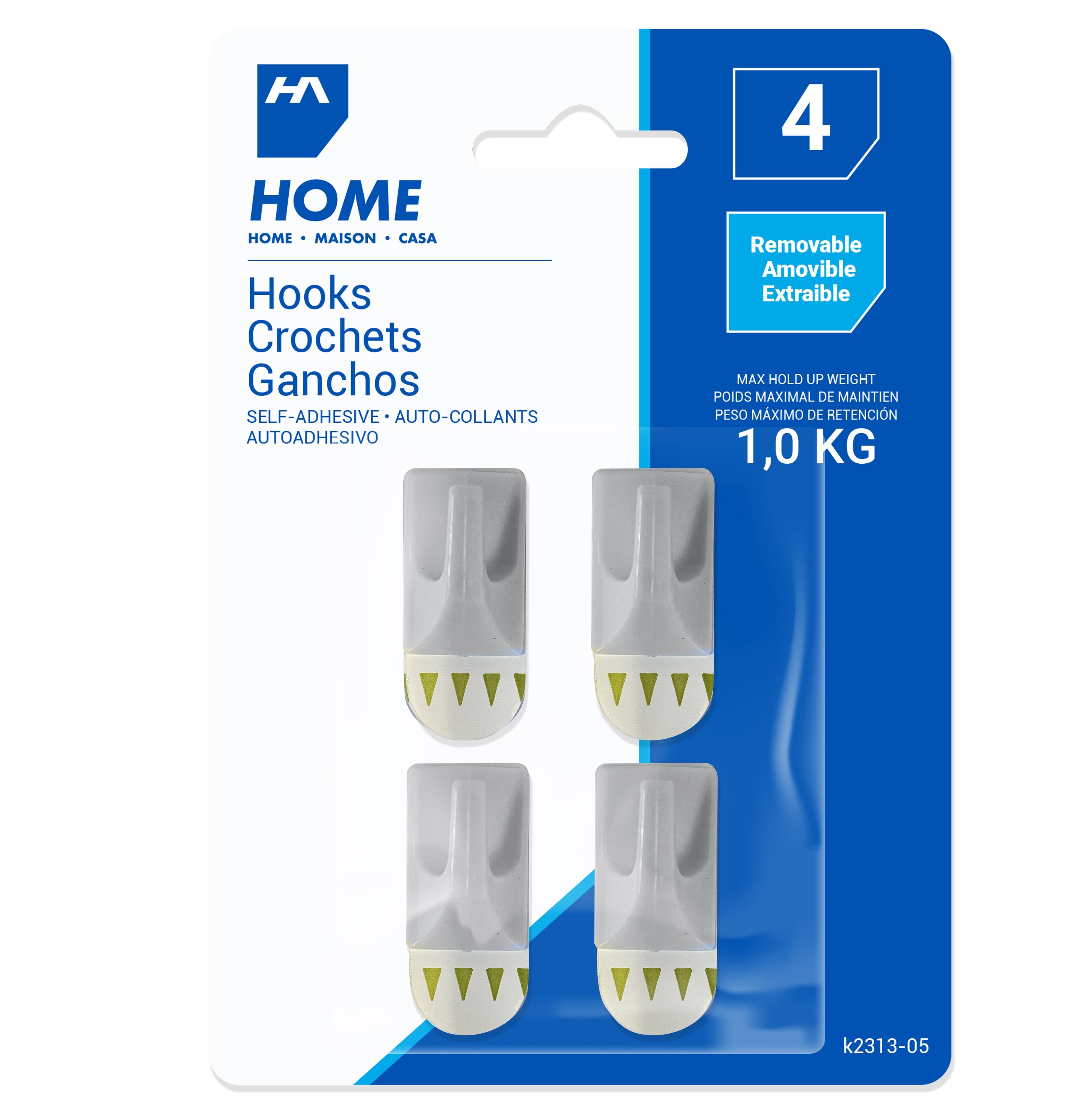 Homeaide 4 Self-adhesive and Removable White Plastic Hooks 1.2x0.75in 