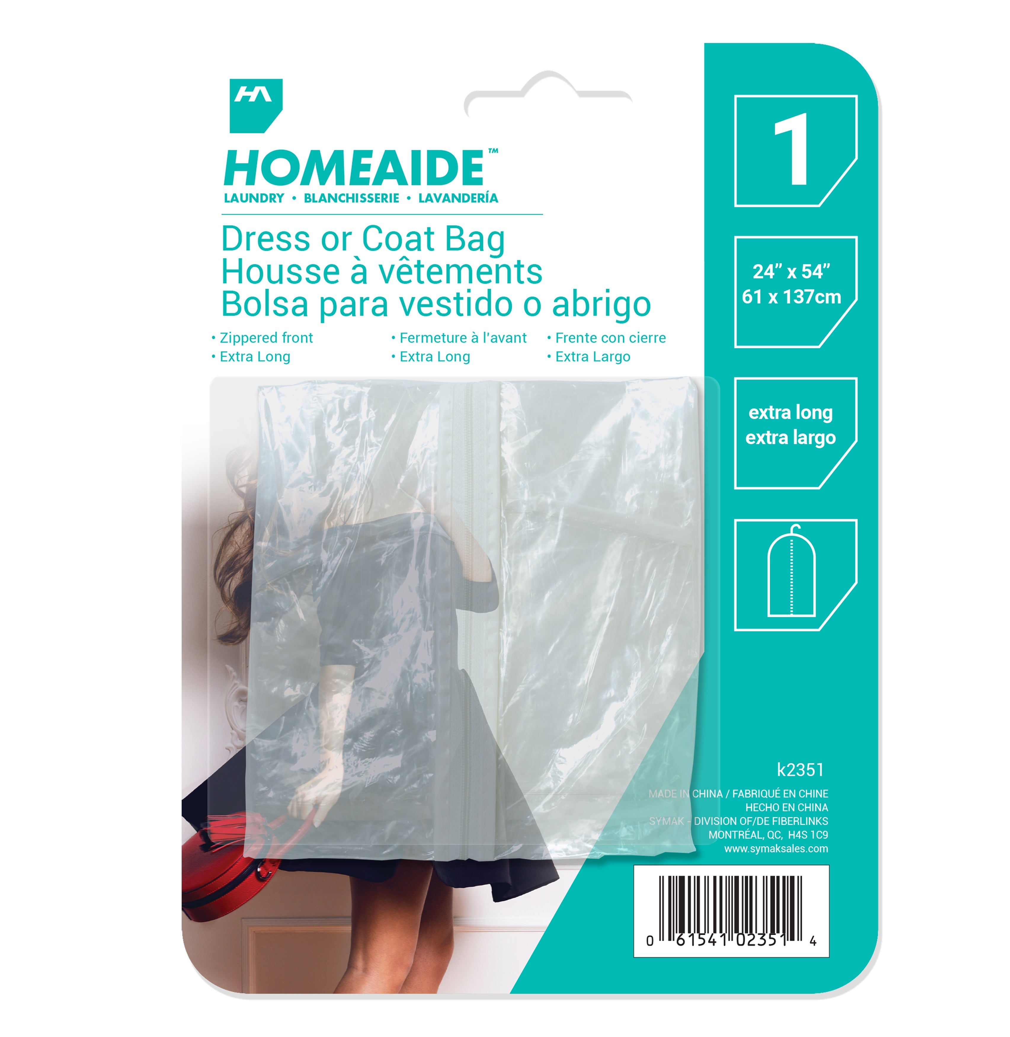 Homeaide Laundry Clear Plastic Dress Bag 24x54in 