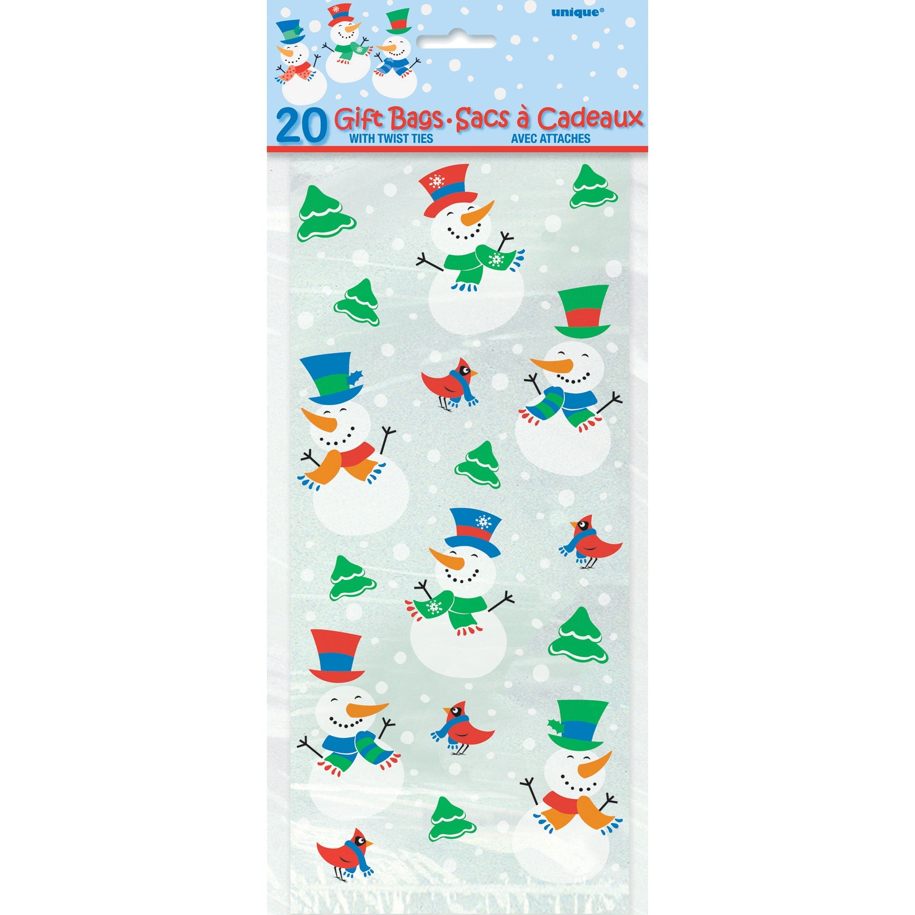 Christmas 20 Cello Bags with Twist Ties - Snowman 11x5in