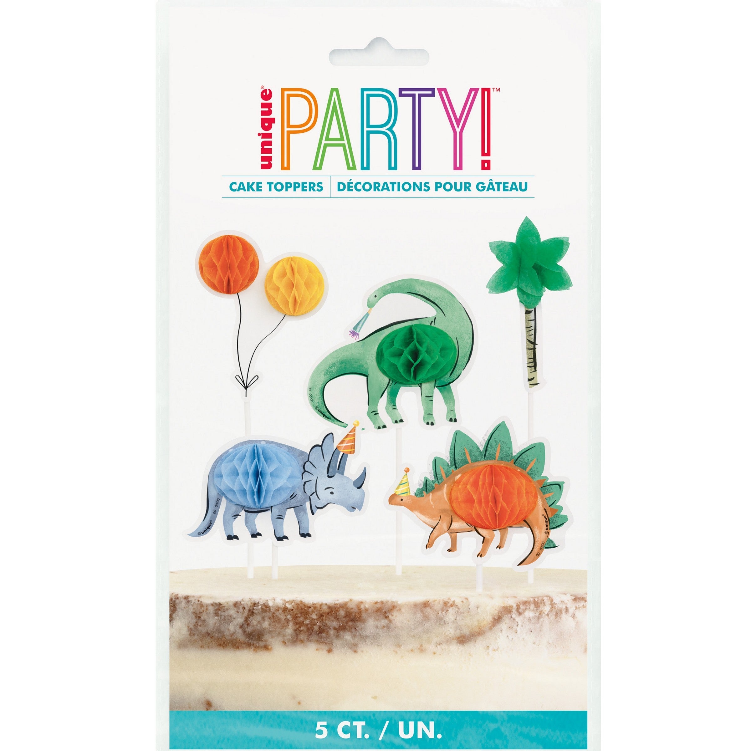 Partying Dinosaurs 5pcs Honeycomb Cake Topper 4x2.5in to 4x4.5in
