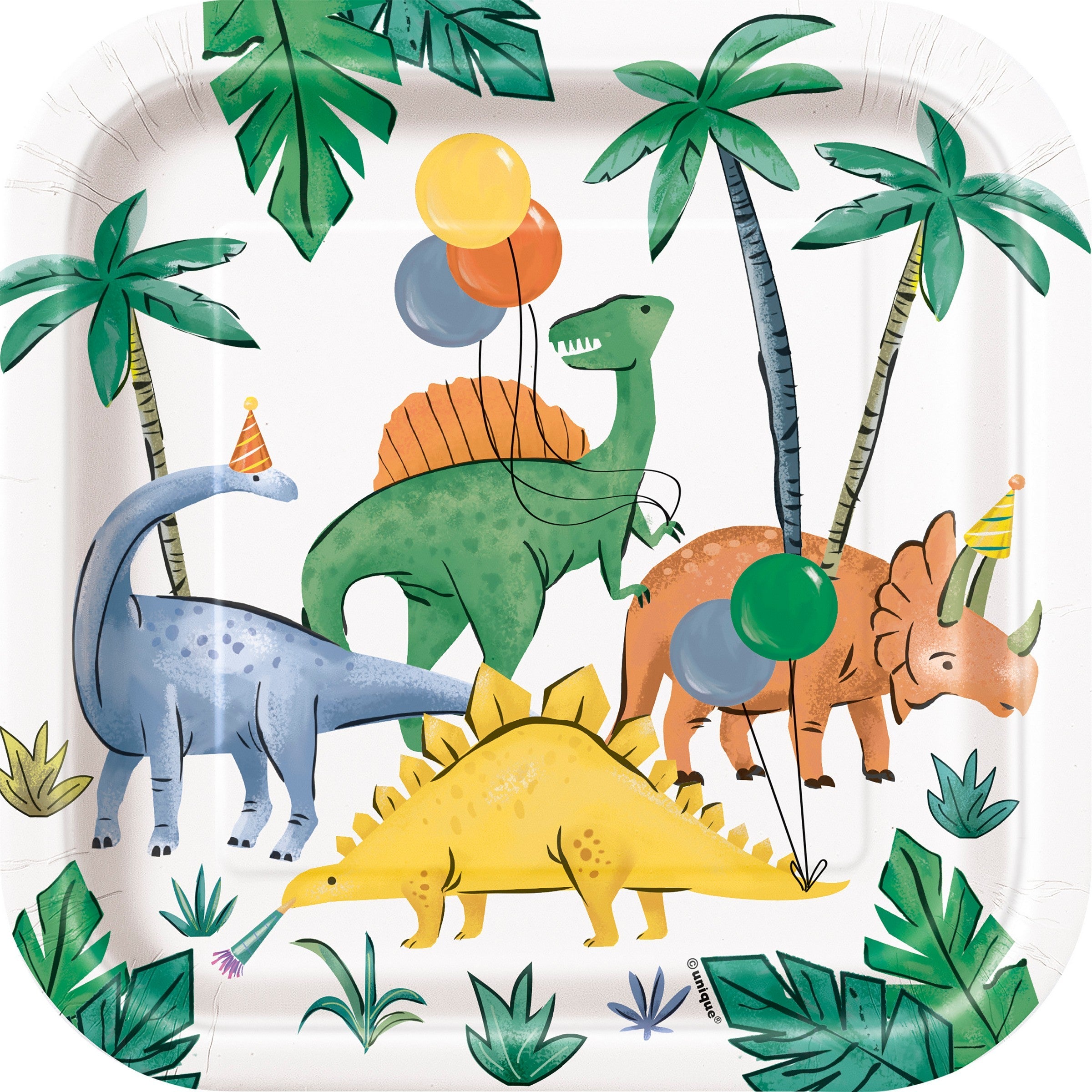 Partying Dinosaurs 8 Square Paper Plates 7in