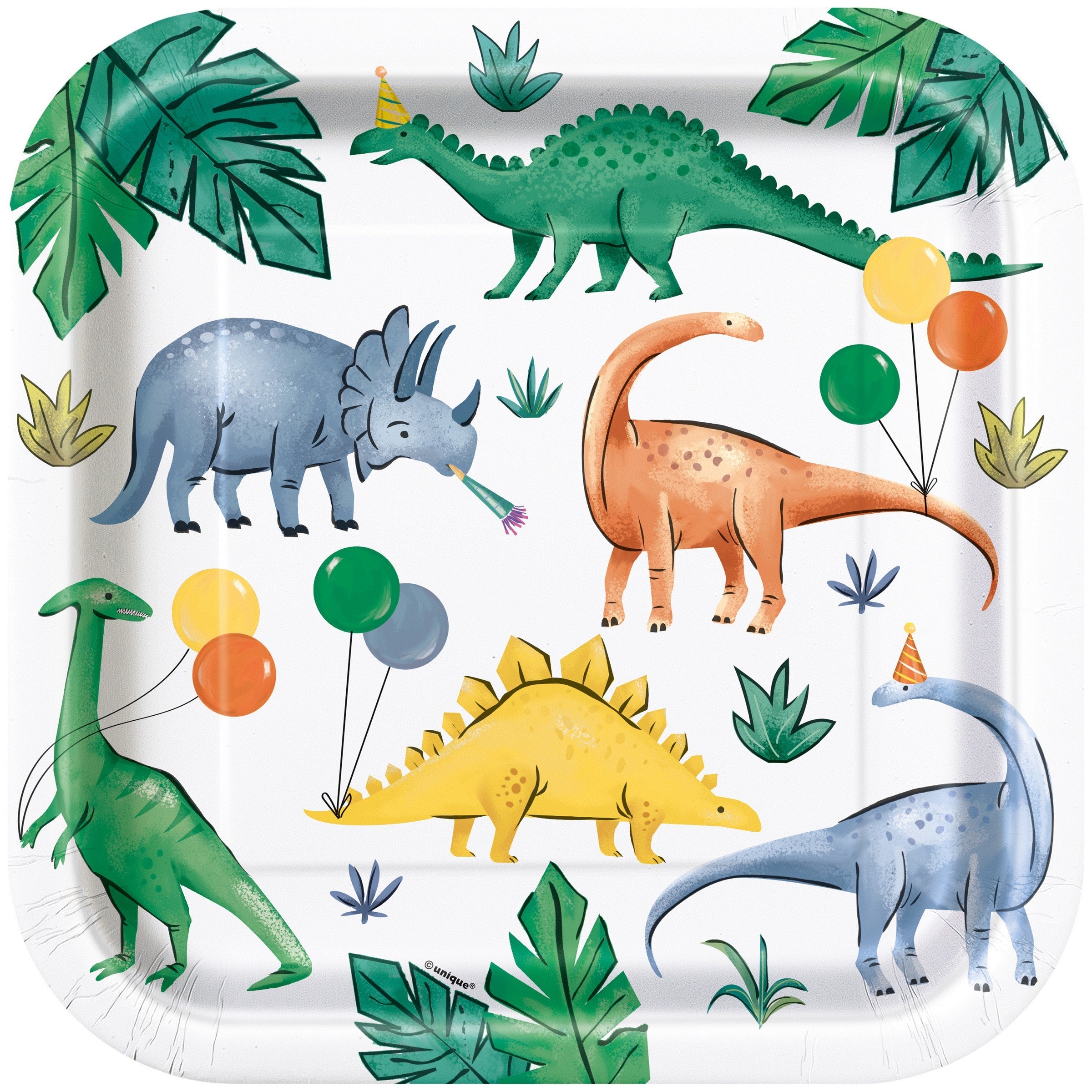 Partying Dinosaurs 8 Square Paper Plates 9in