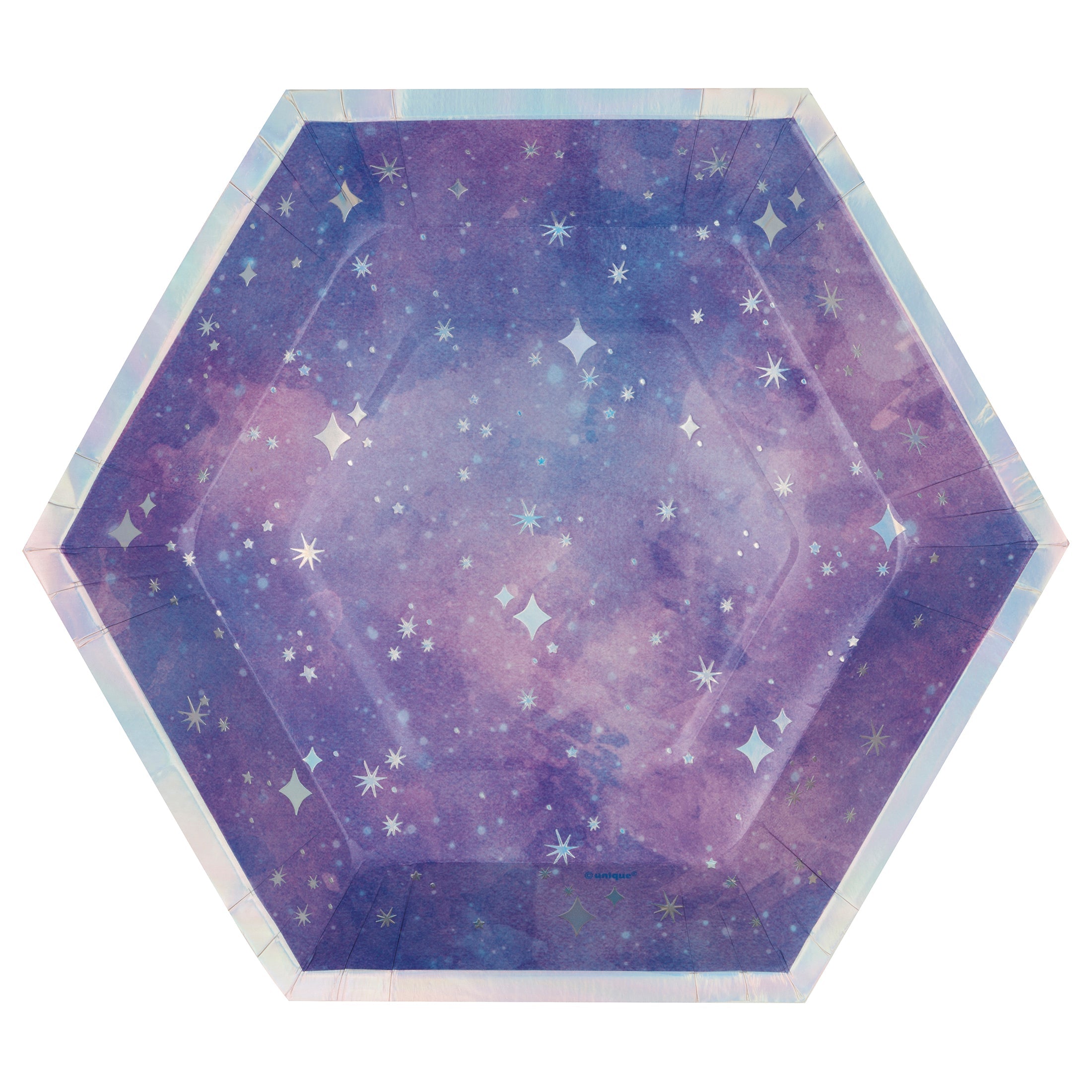 Purple Galaxy 8 Hexagon Shaped Foil Paper Plates 9.25in 