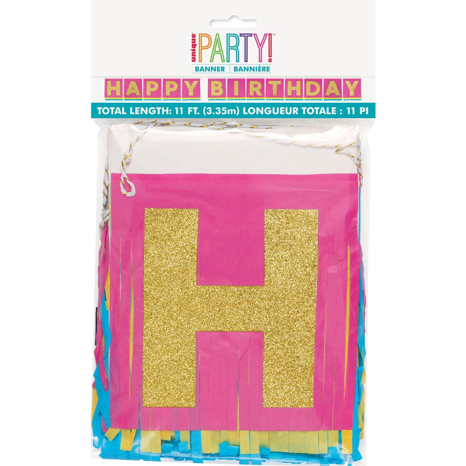 Bright Triangle Tissue Fringe Banner with Gold Letters 132in