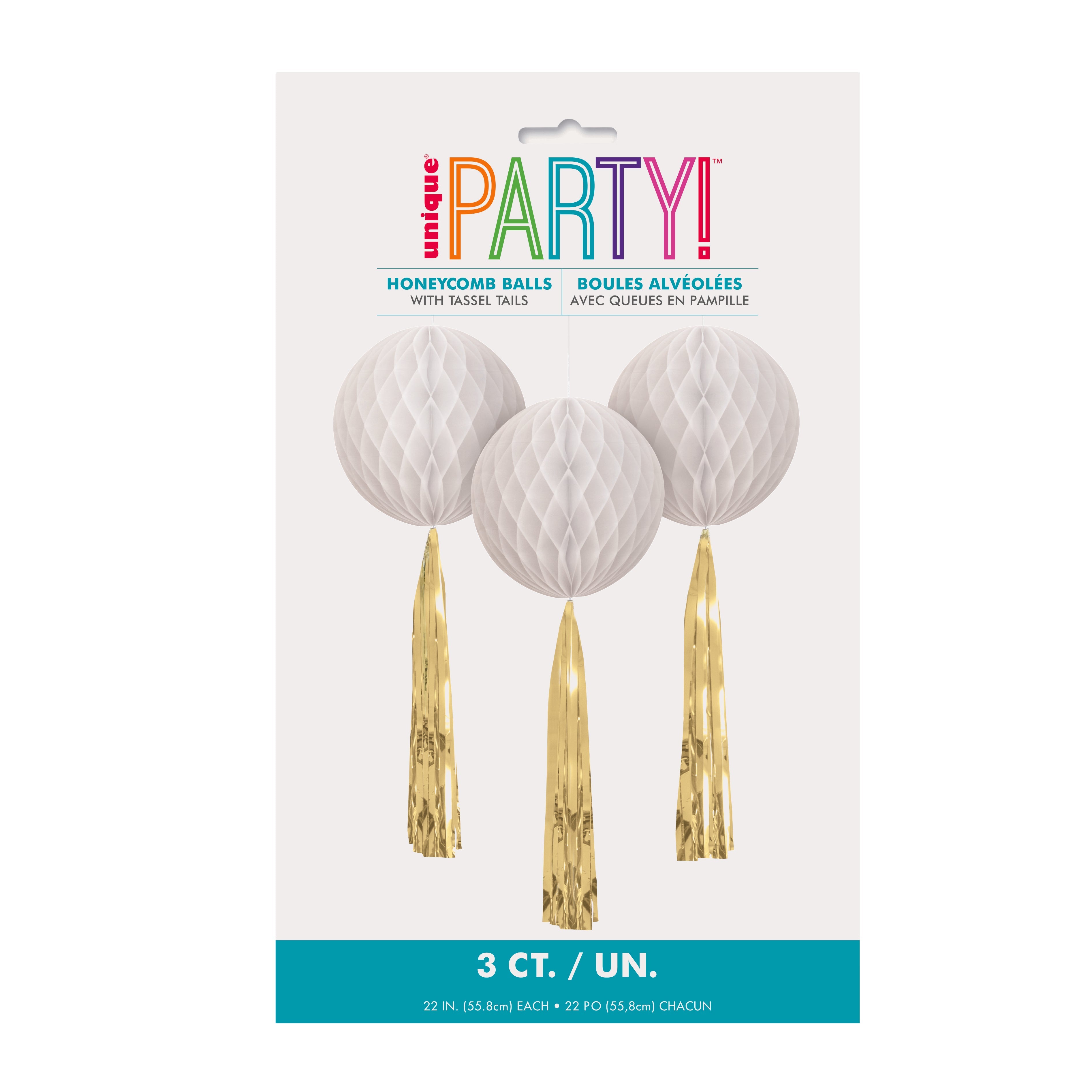 3 White Honeycomb Ball Decorations with Foil Tail 22in