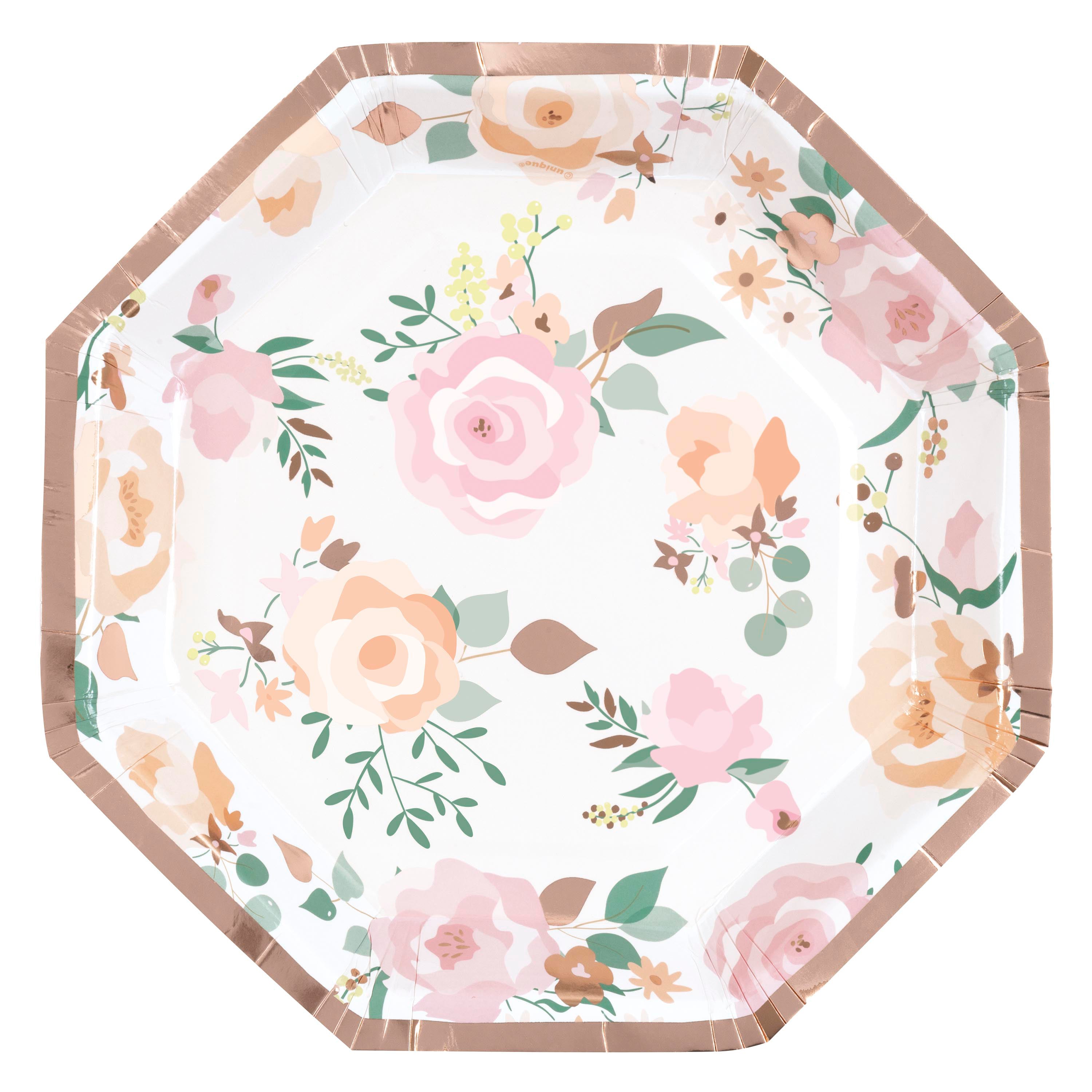 Pink Blooms Bridal 8 Octagon Paper Plates with Foil 8.25in