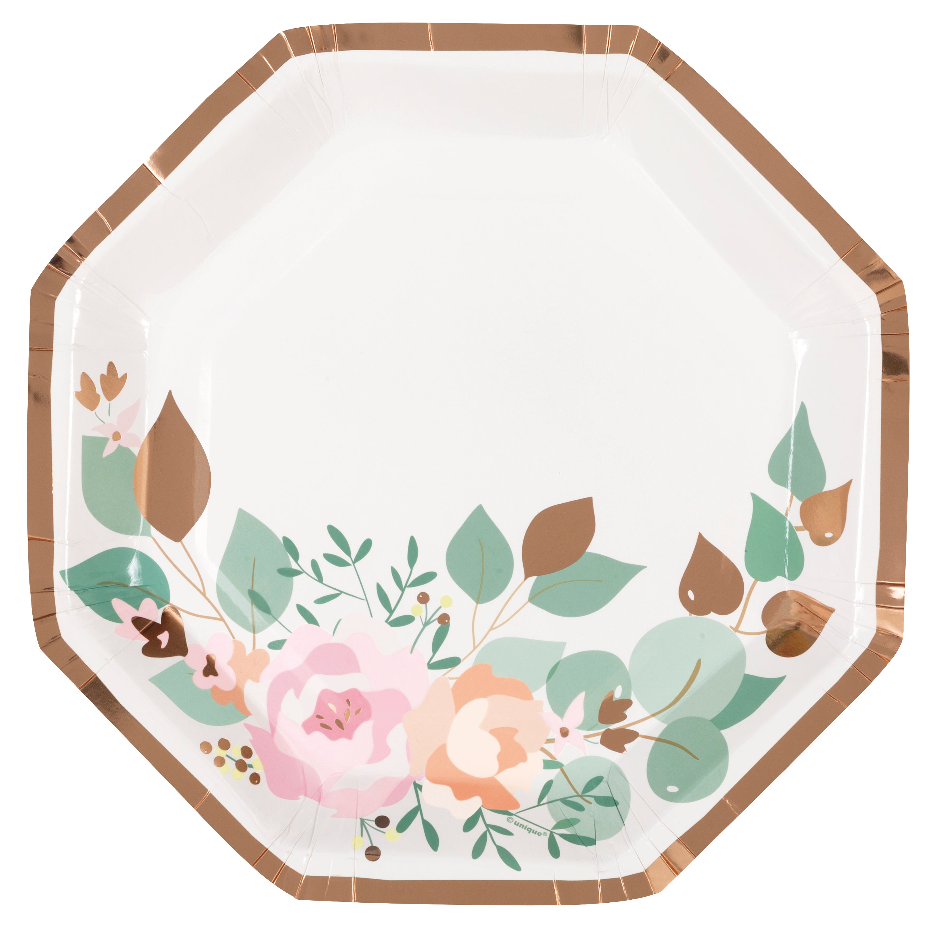Pink Blooms Bridal 8 Octagon Paper Plates with Foil 9.25in