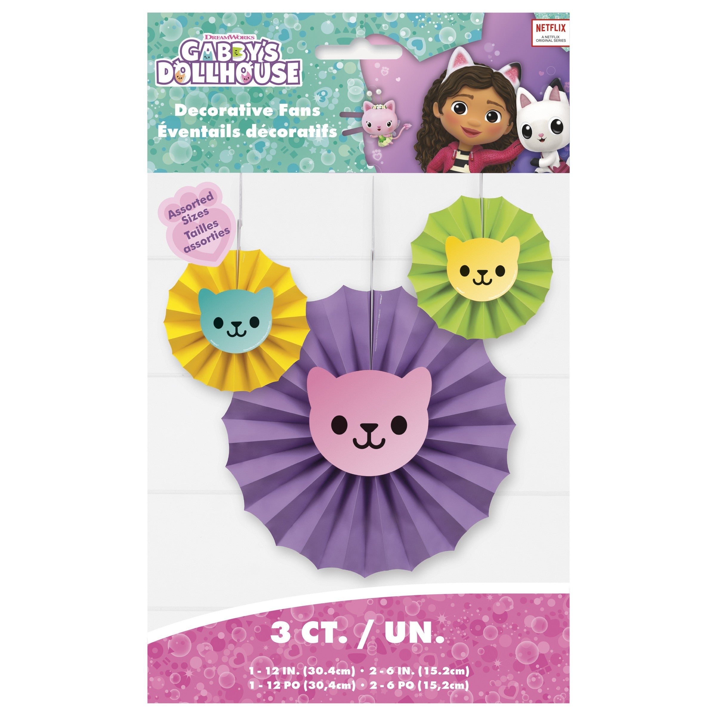 Gabby's Dollhouse 3pcs Paper Fan Kit 1- 12in / 2- 6in