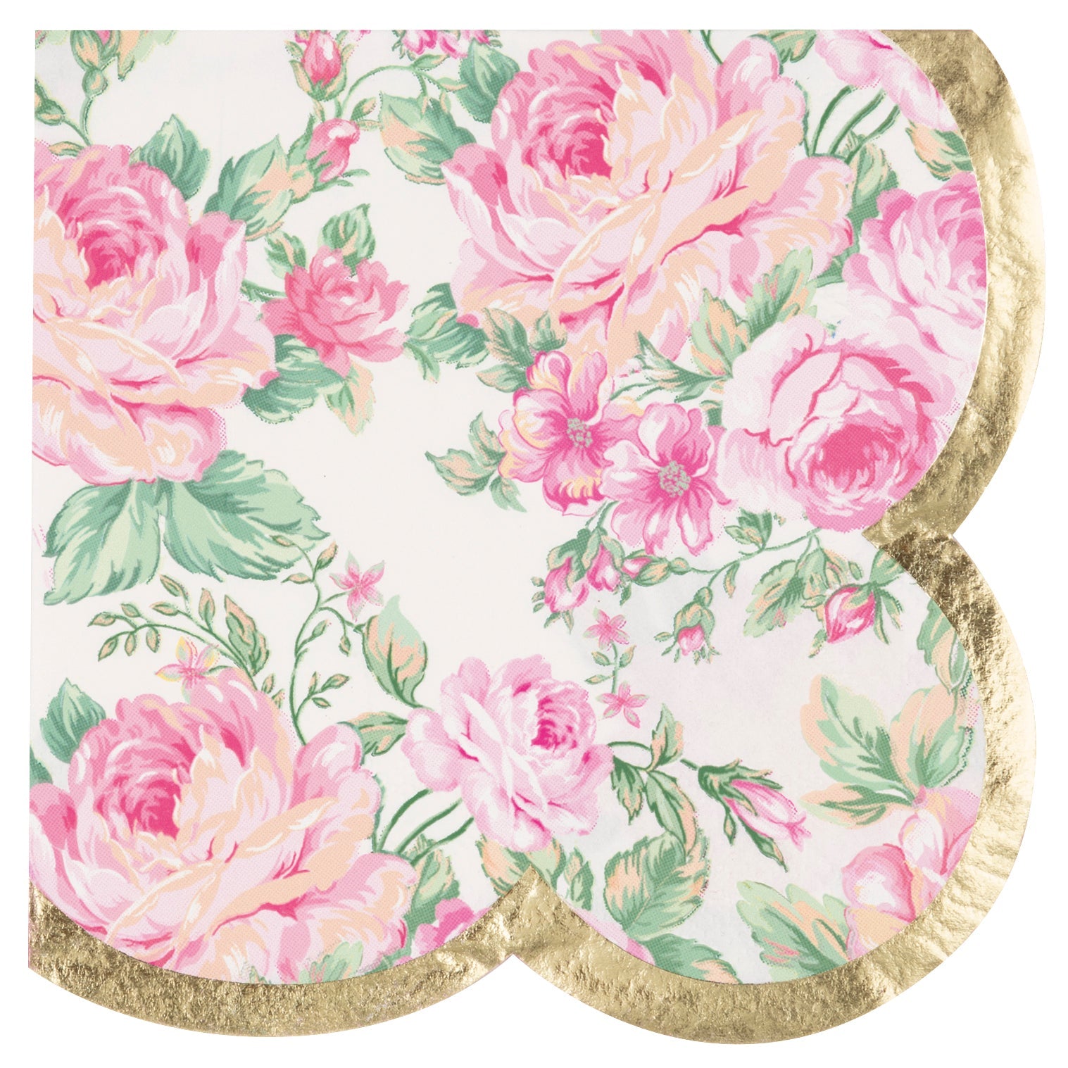 Pink Blooms Bridal 16 Shaped Edge Beverage Napkins with Foil 9.25x9.25in