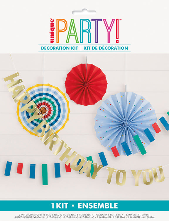 Birthday Mayhem Decoration Kit with 3 Paper Fans 8in to 12in and 2 Garlands 72in