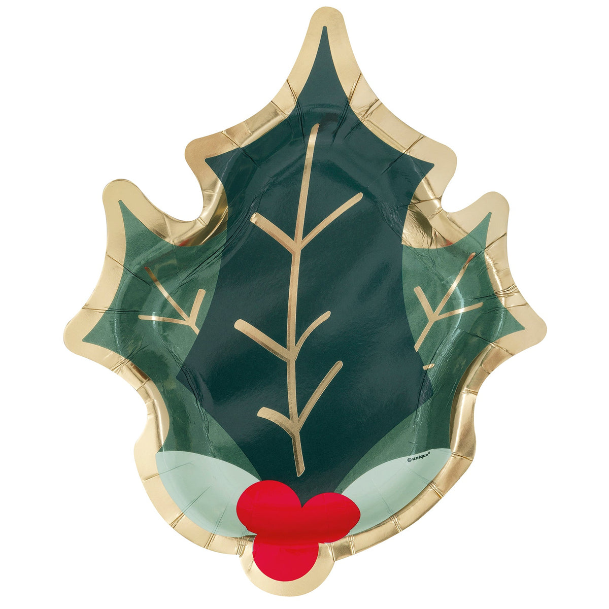 Holly Days Christmas 8 Holly Shaped Paper Plates Foil Stamping 8.25in
