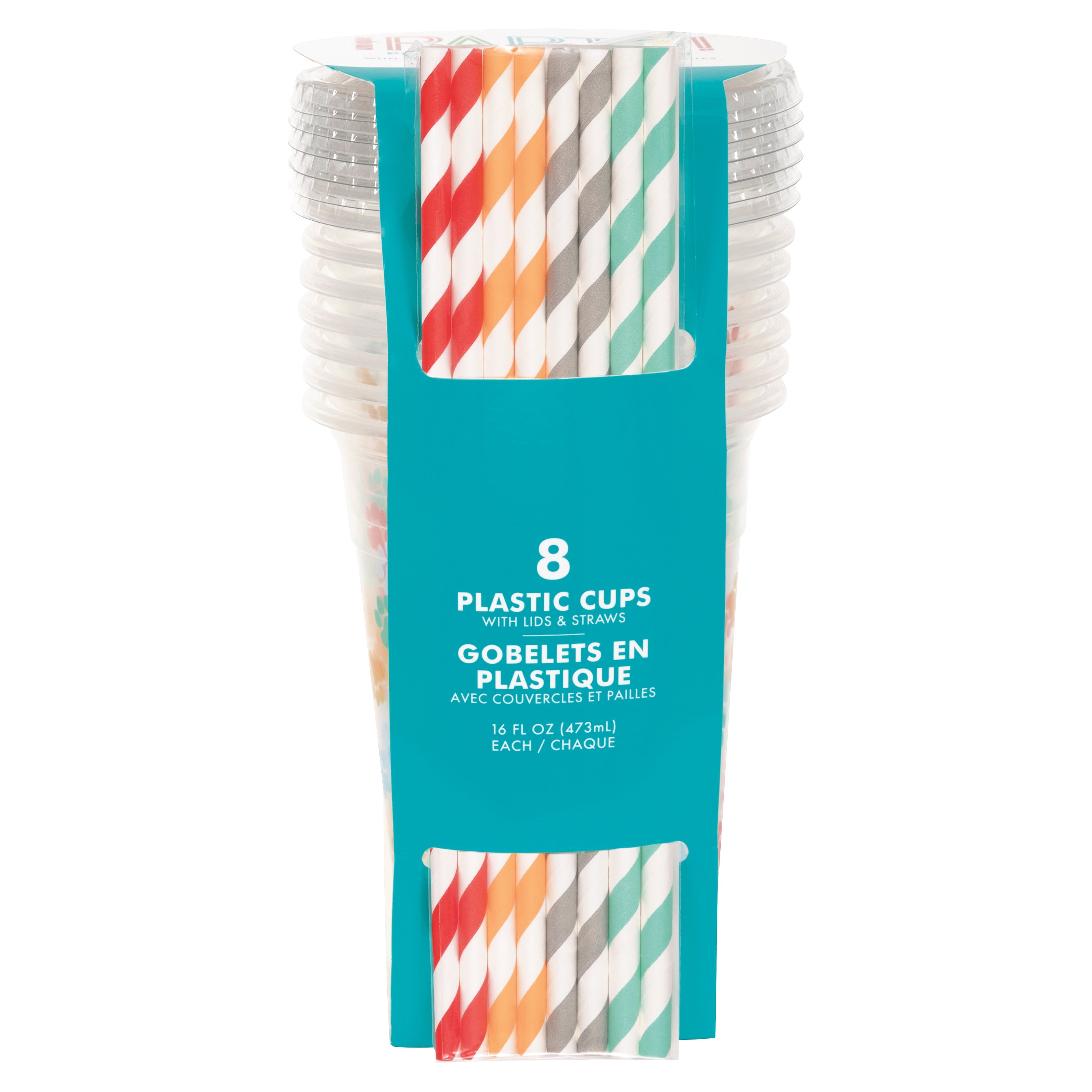 Paw Party Plastic Cups with Lids and Paper Straws 8 Sets 16oz