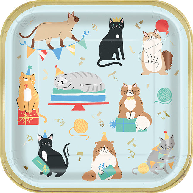 Paw Party 8 Square Paper Cat Print Plates with Foil 9in