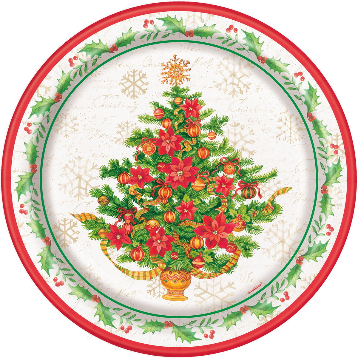 Festive Poinsettia Christmas 8 Round Paper Plates 9in