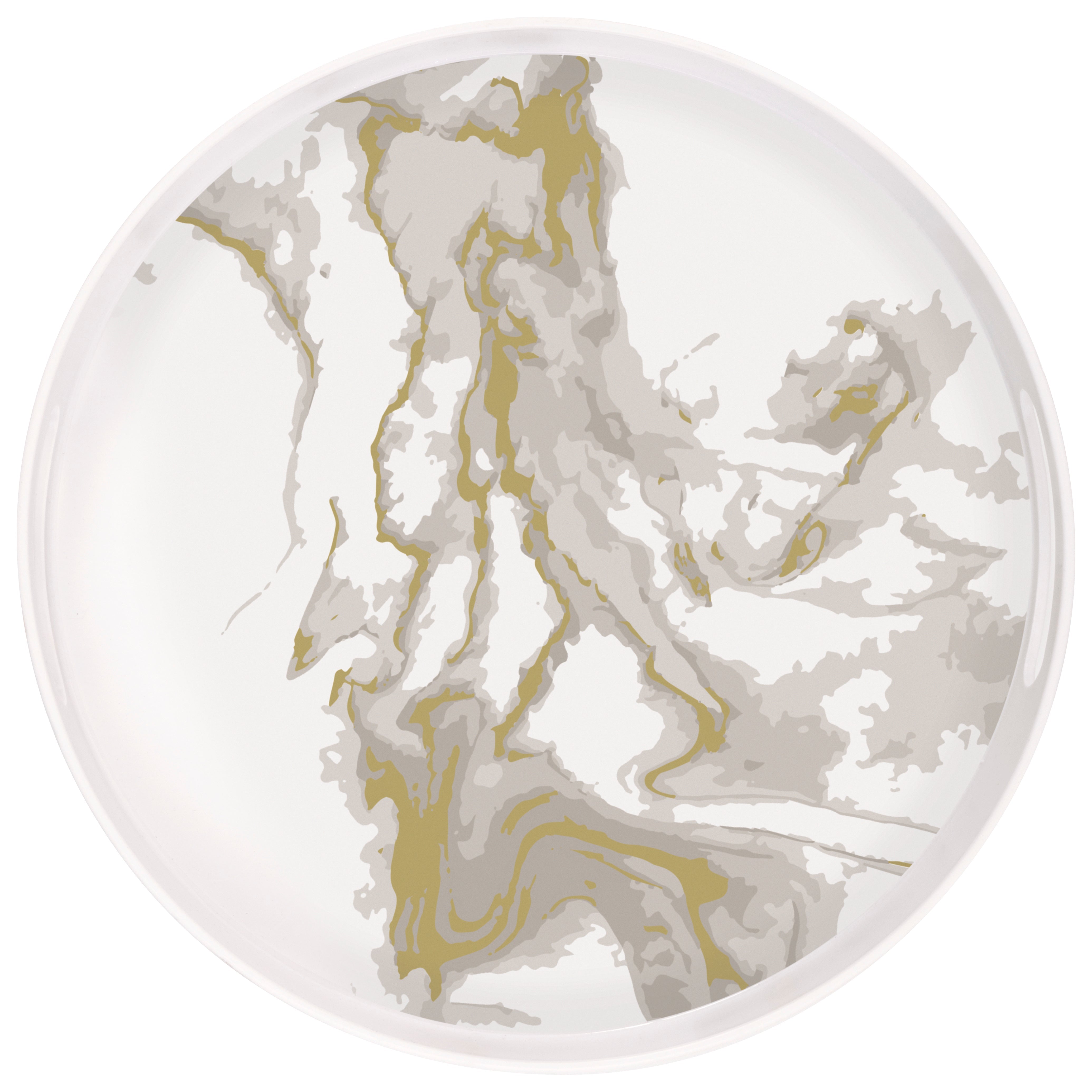Gold Party Marble Round Plastic Serving Tray with Handles 13.5in dia.