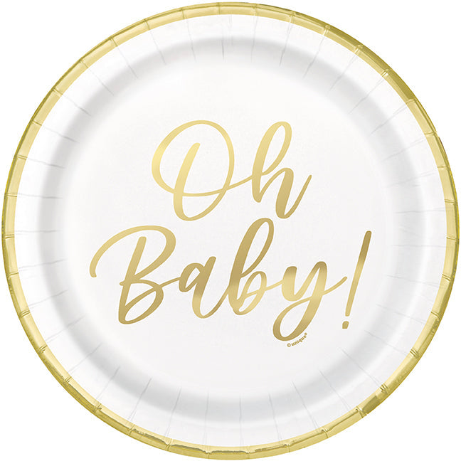 Oh Baby Gold 8 Round Paper Plates with Foil 9in