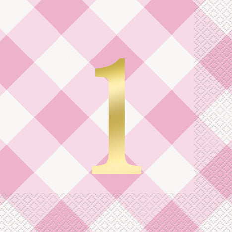 Pink Gingham First Birthdaty 16 Foil Accent Luncheon Napkins 2 Ply 12.75x12.75in