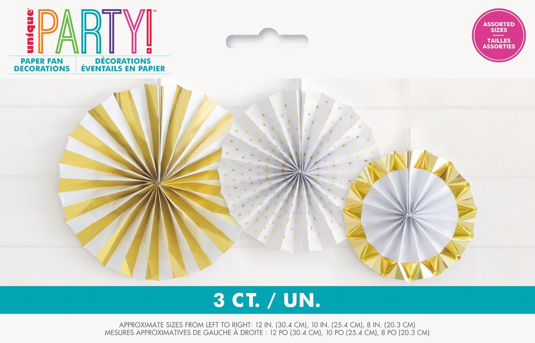 Gold Confetti Celebrate 3 Paper Fan Decorations with Foil Accent 8in - 10in - 12in